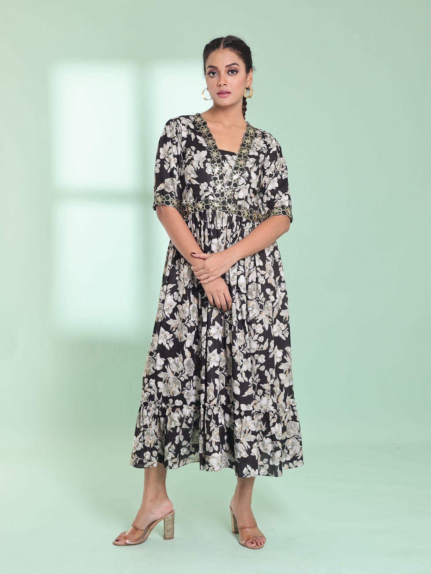 black rayon floral printed stitched ethnic dress