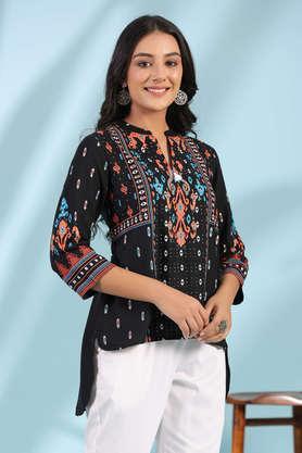 black rayon ikat placement printed high-low tunic with side slits & tassels - black