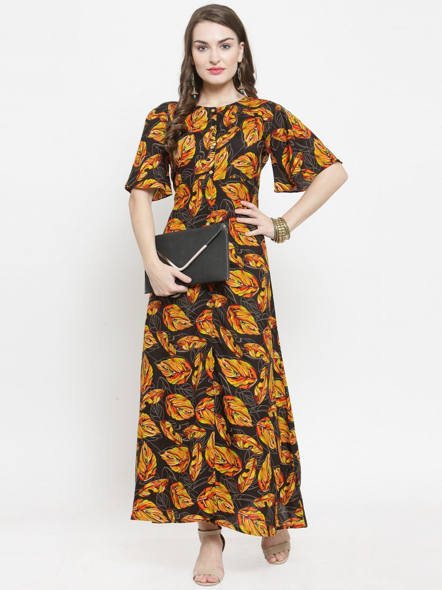 black rayon leaf print a-line maxi dress