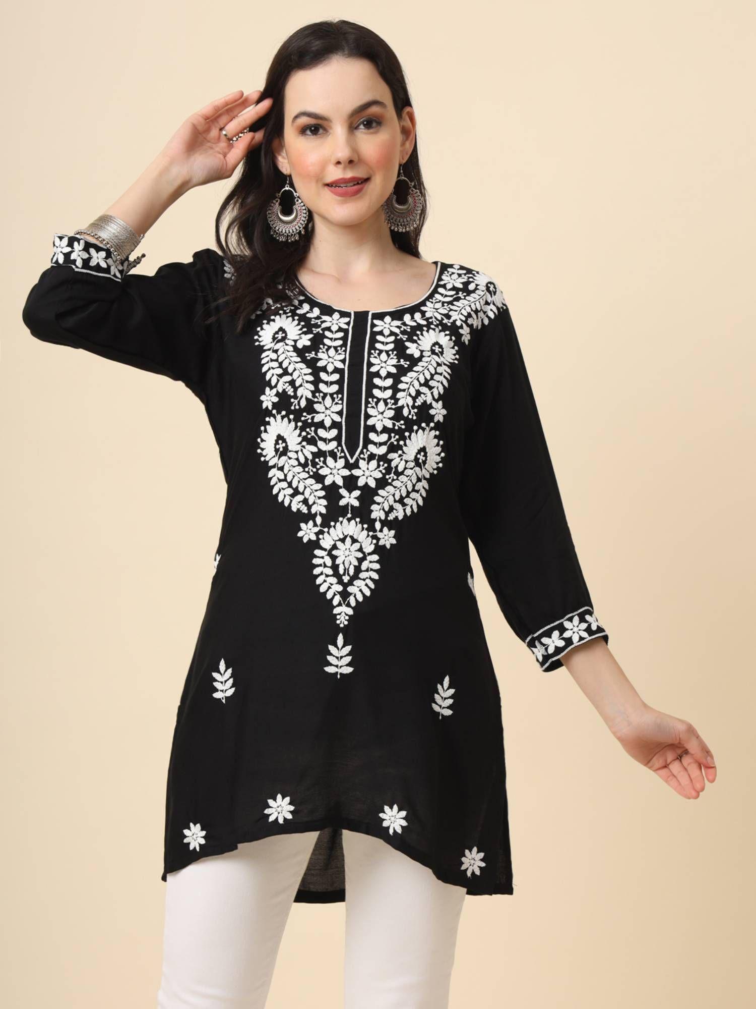 black rayon lucknowi chickankari work kurti