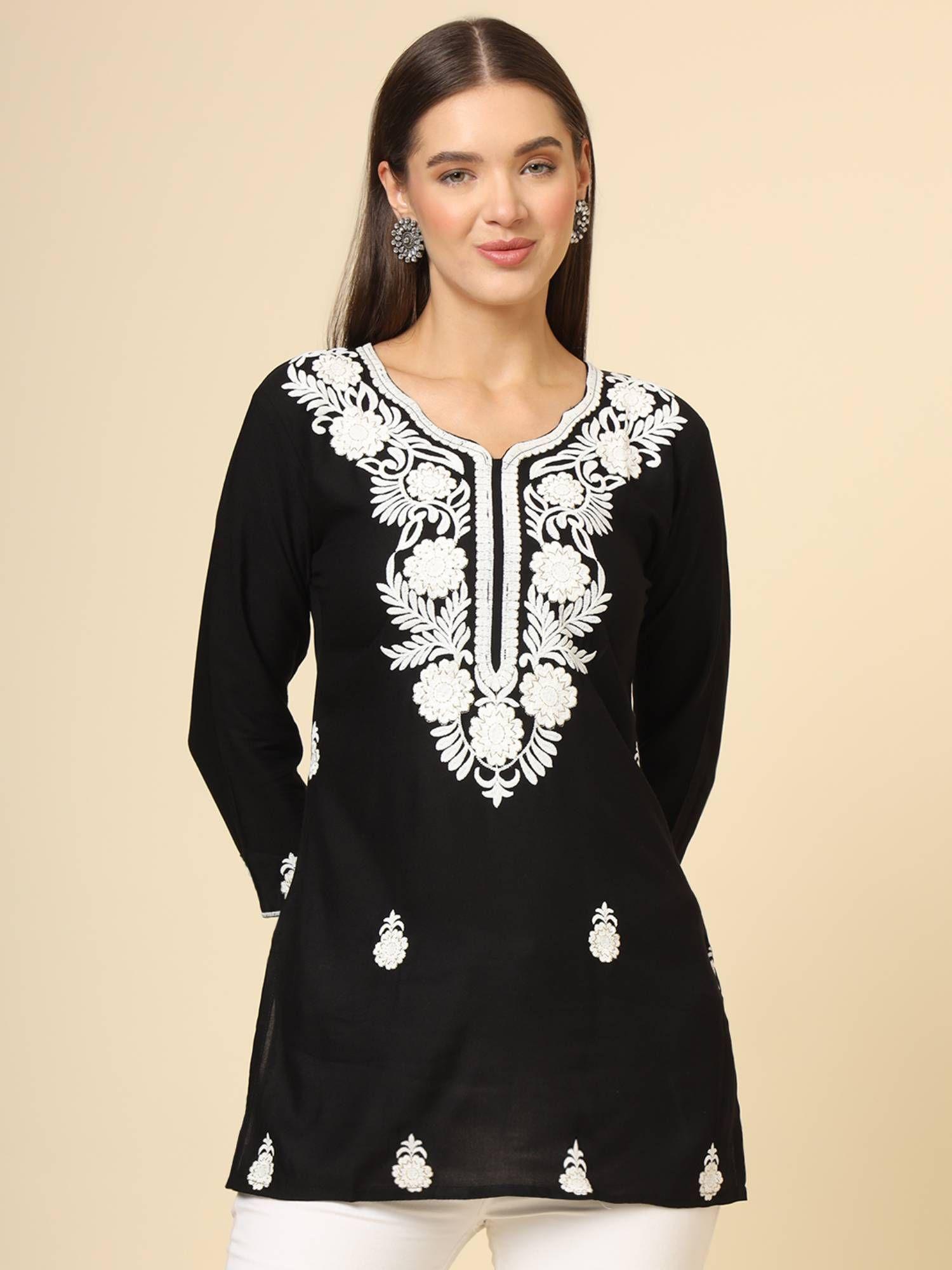 black rayon lucknowi chickankari work kurti