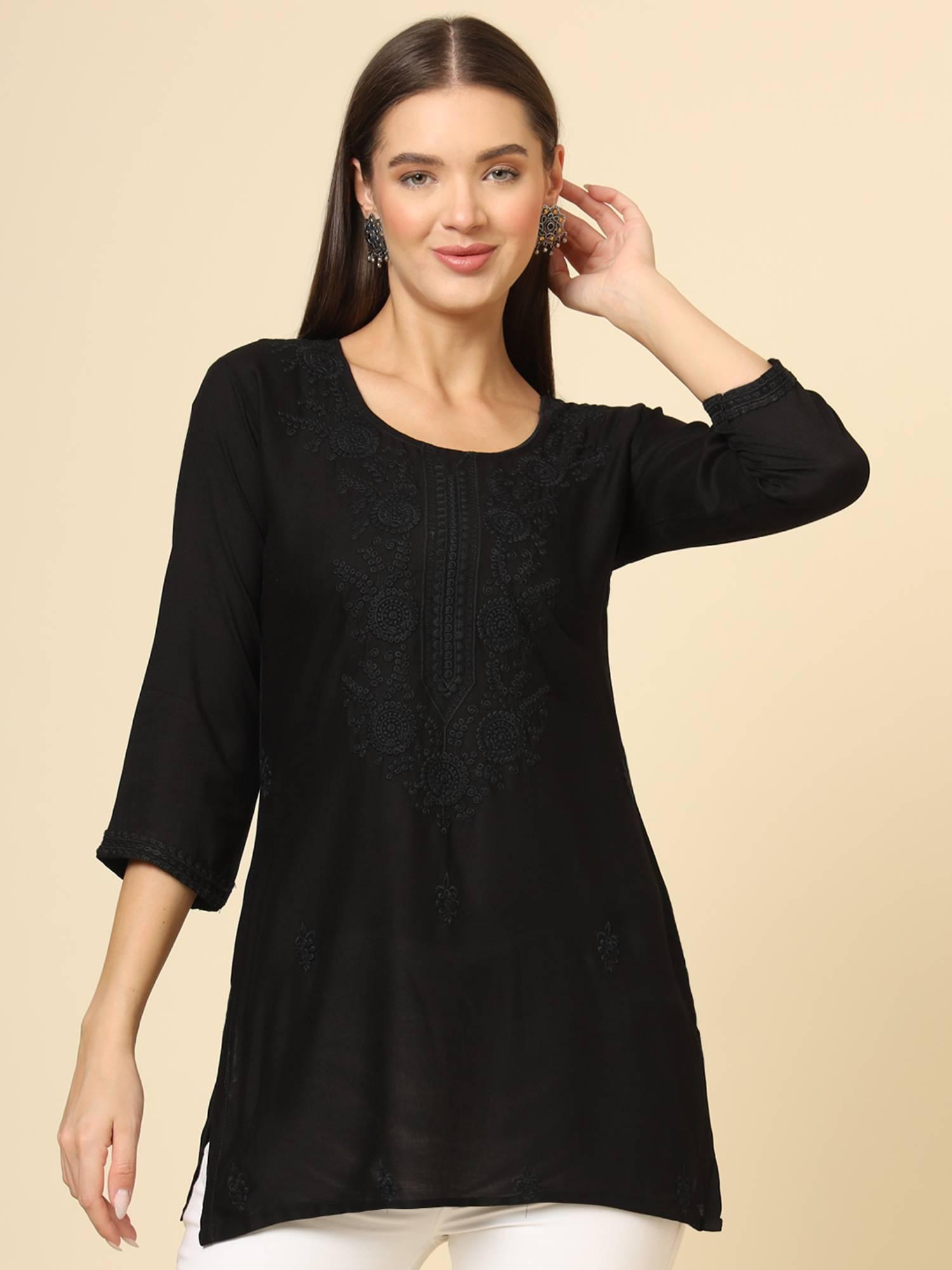 black rayon lucknowi chickankari work kurti