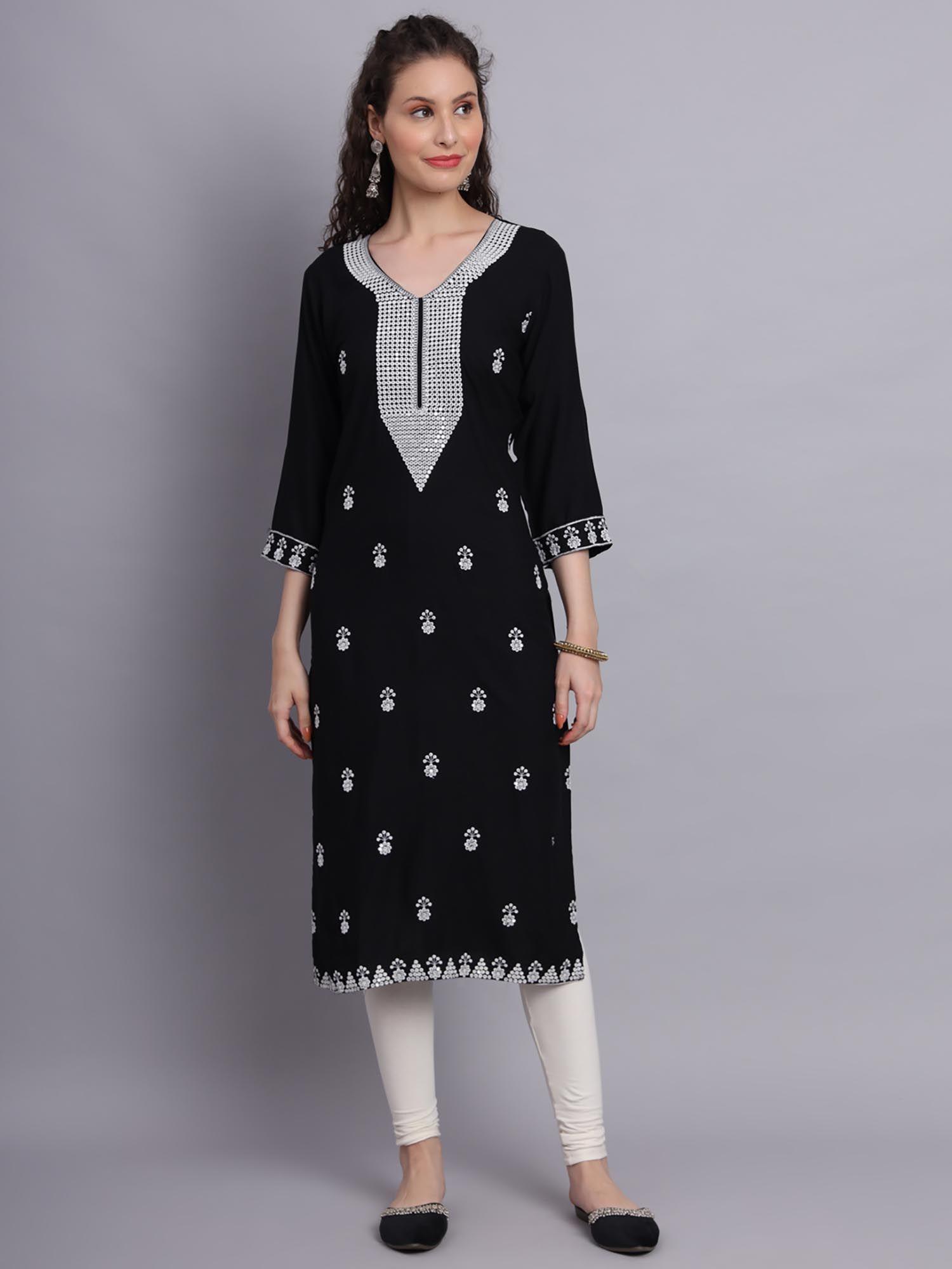 black rayon lucknowi chikankari work straigh kurta