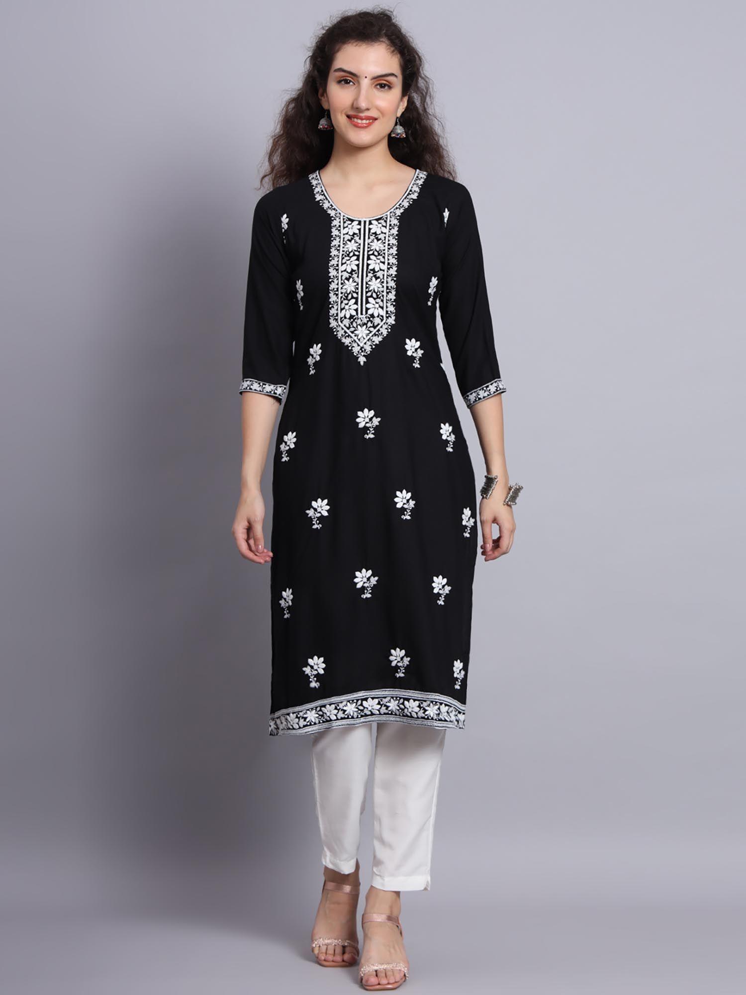 black rayon lucknowi chikankari work straight kurta