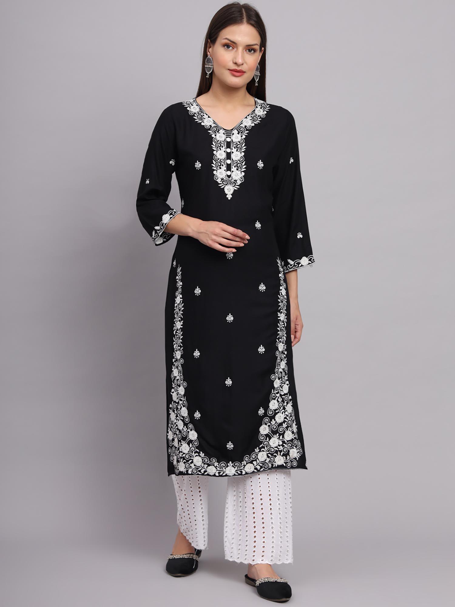 black rayon lucknowi chikankari work straight kurta