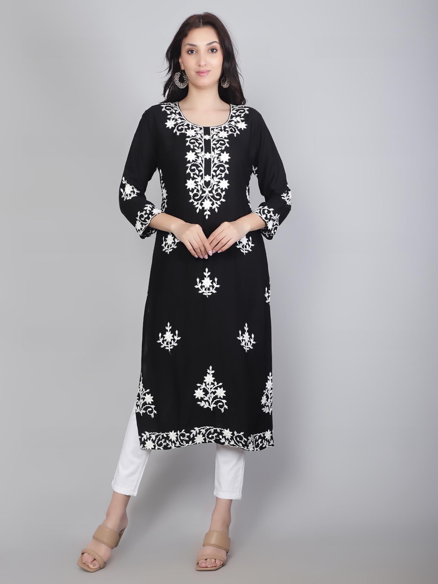 black rayon lucknowi chikankari work straight kurta