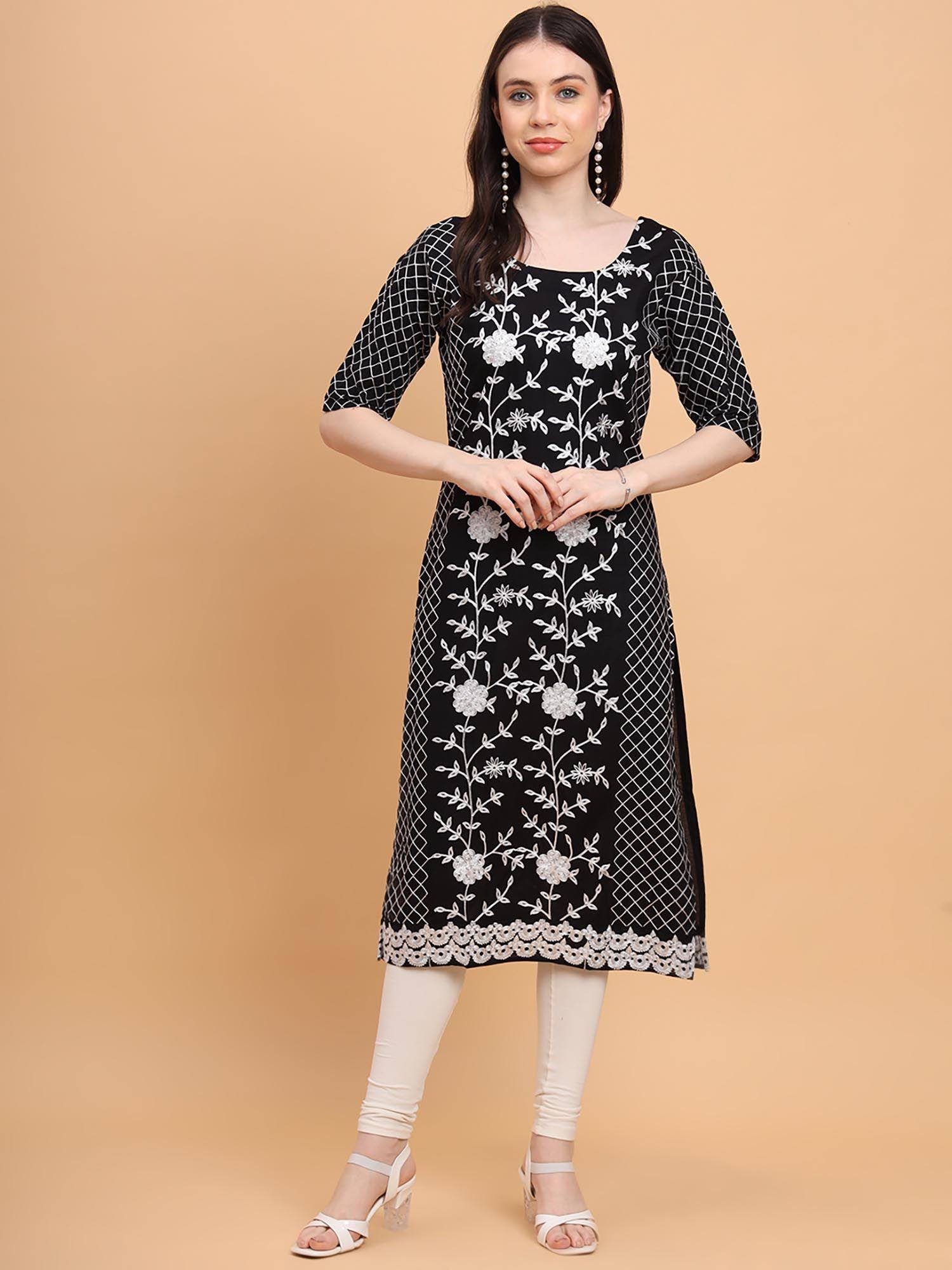 black rayon lucknowi chikankari work straight kurta