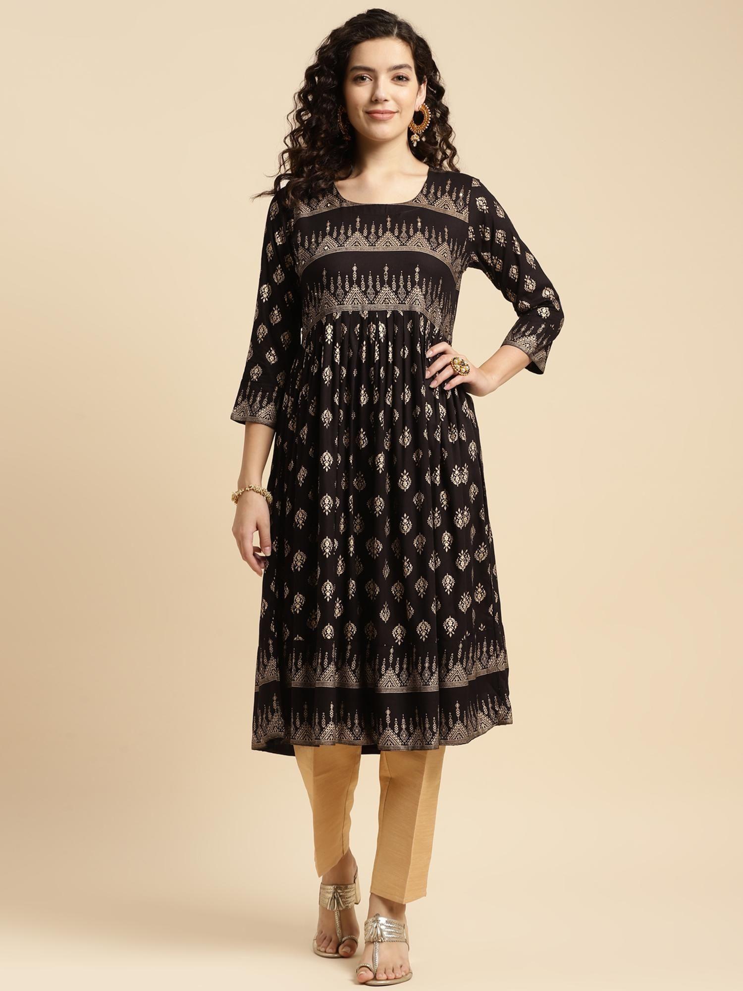 black rayon printed calf length flared kurta