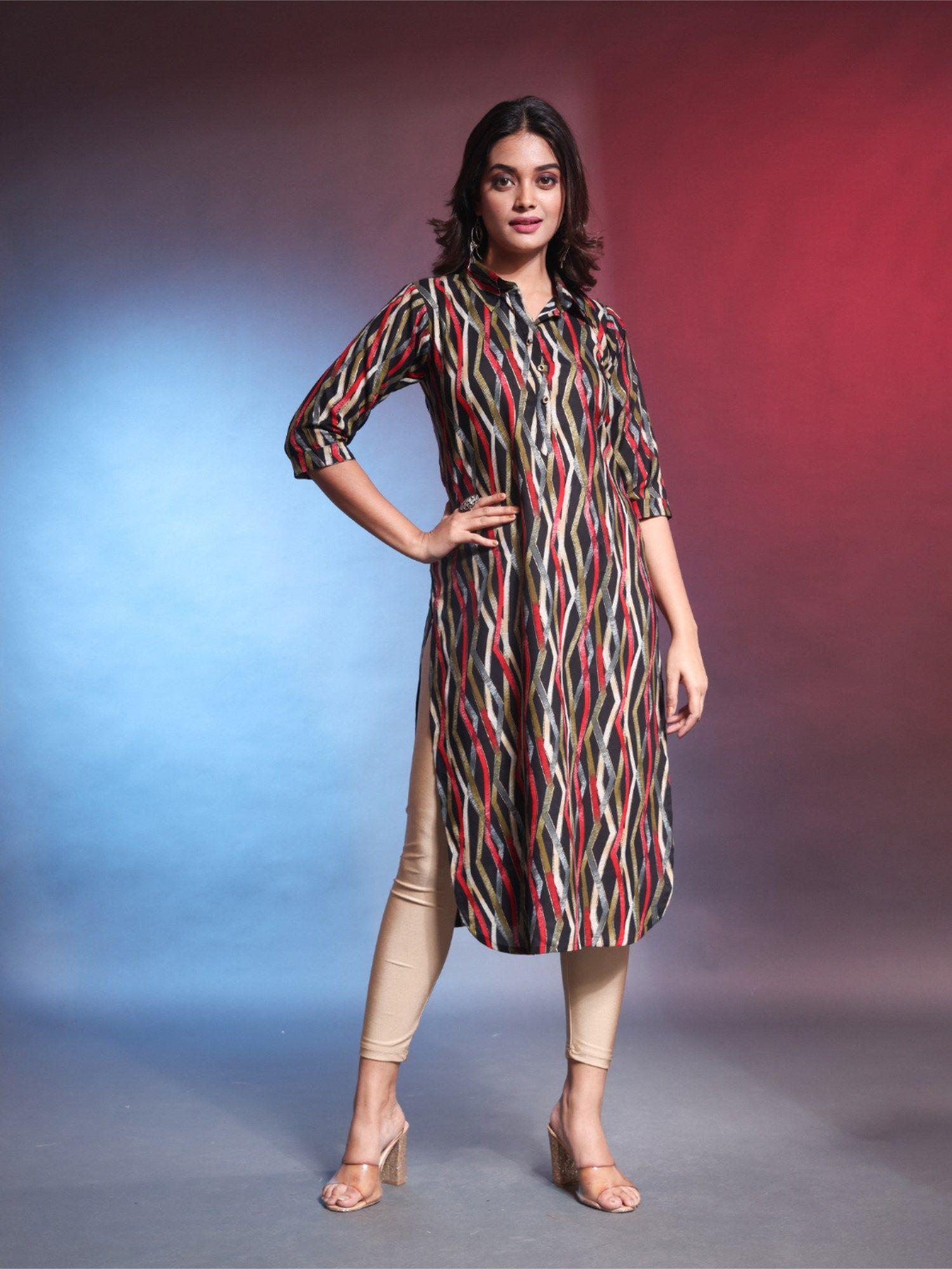 black rayon printed straight kurta