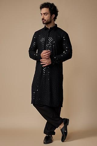 black rayon sequins embroidered pathani kurta set