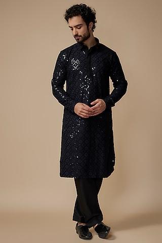 black rayon sequins embroidered pathani kurta set