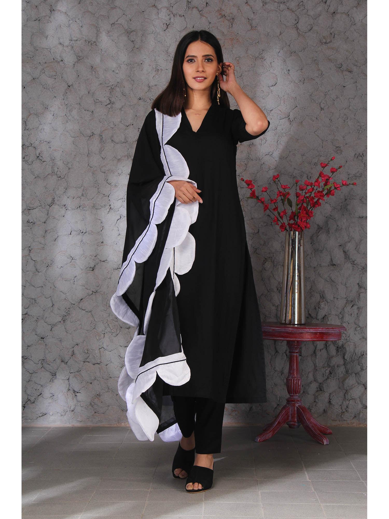 black rayon solid kurta and pant with scallop dupatta (set of 3)