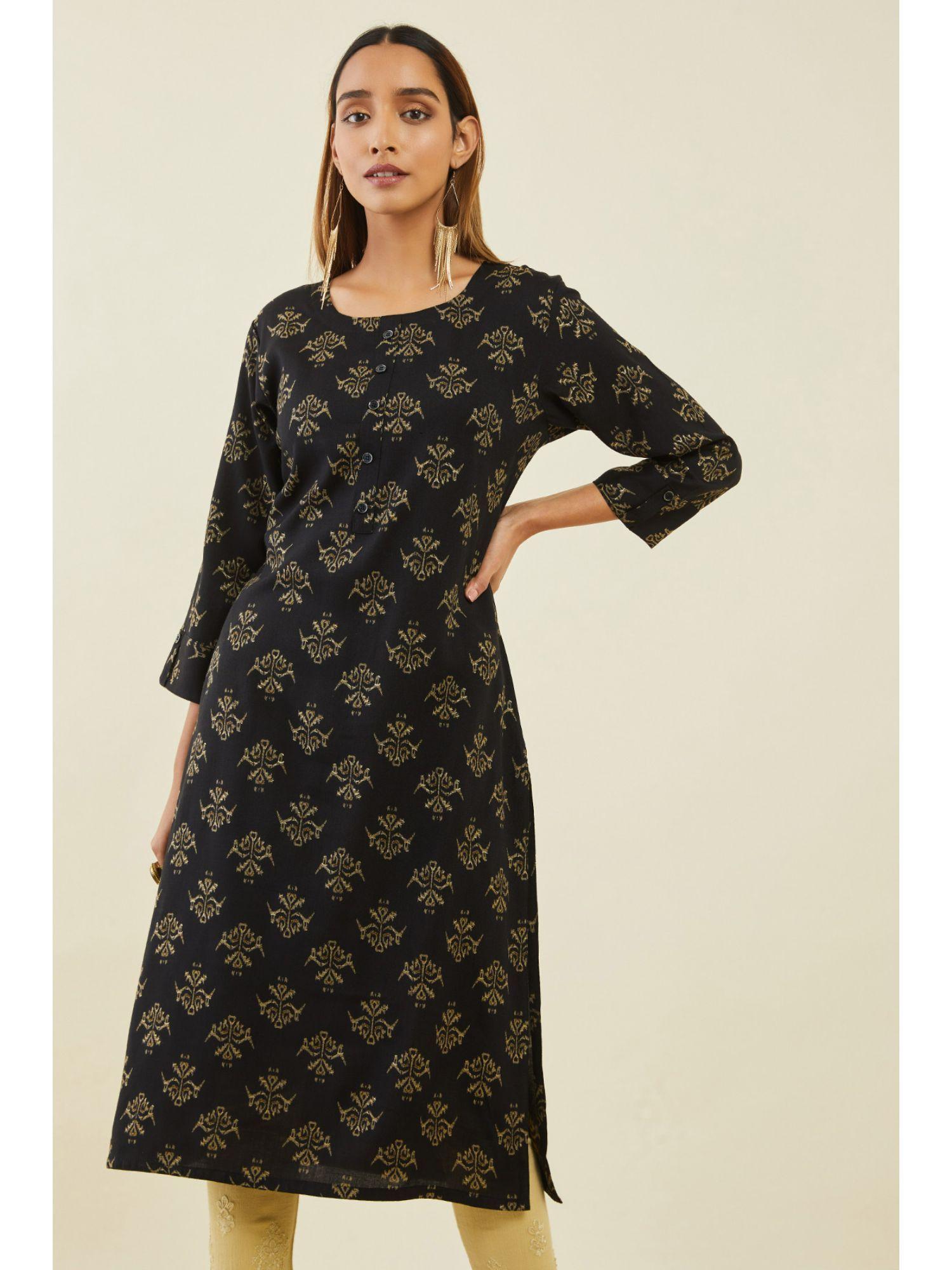 black rayon straight kurta with ethnic block print