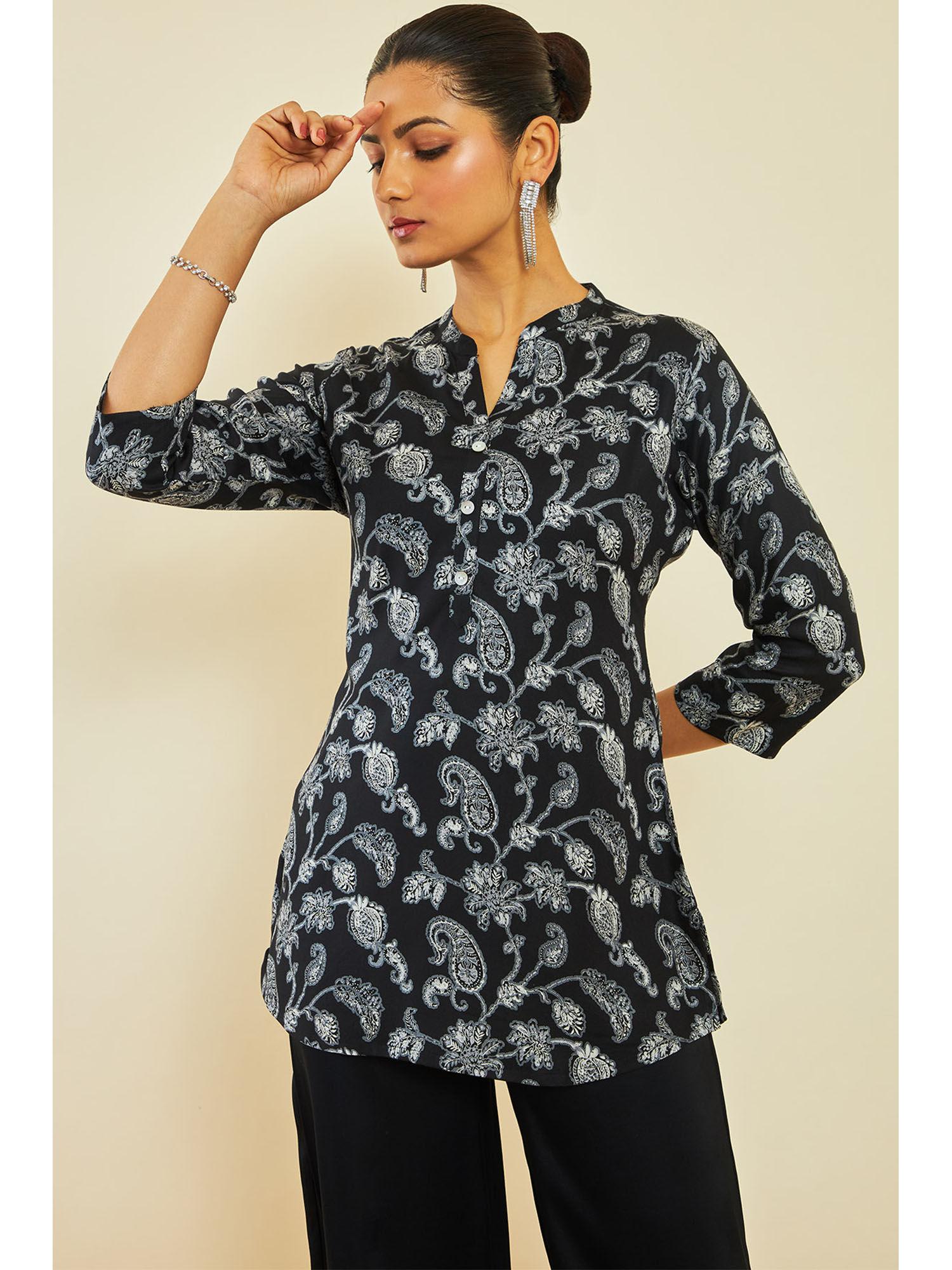 black rayon tunic with floral and paisley print