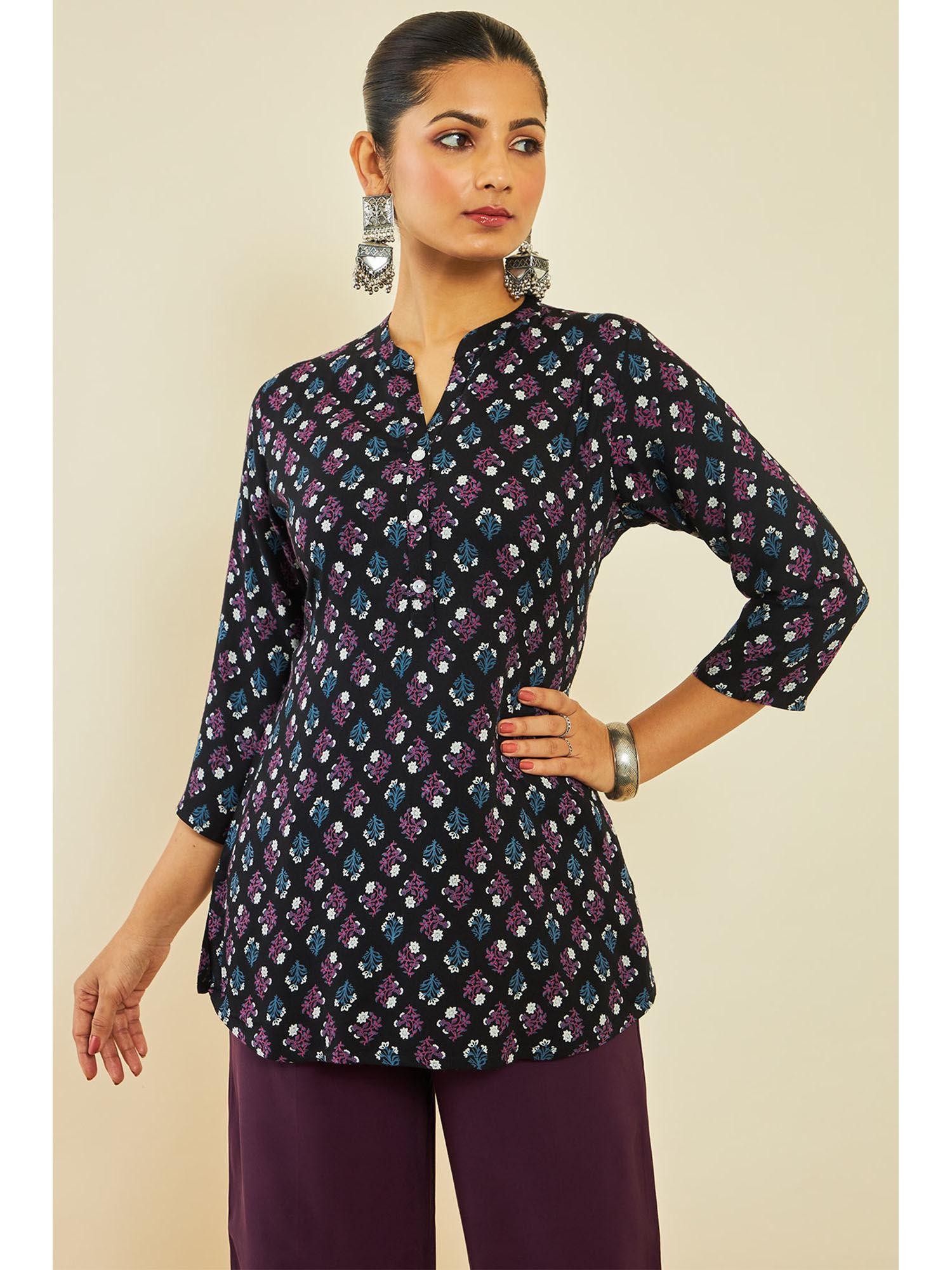 black rayon tunic with floral print