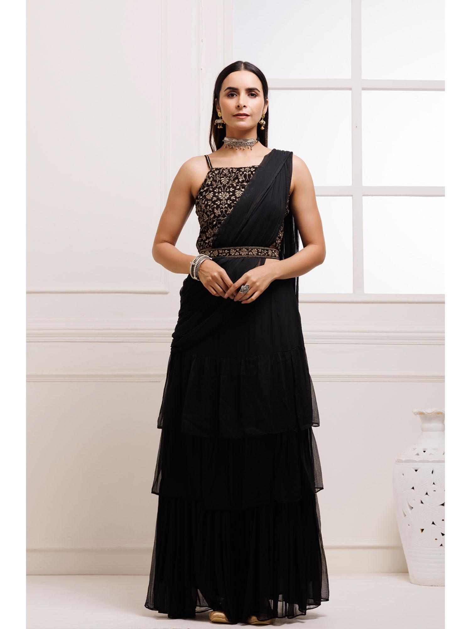 black ready to wear ruffled chiffon saree with stitched blouse