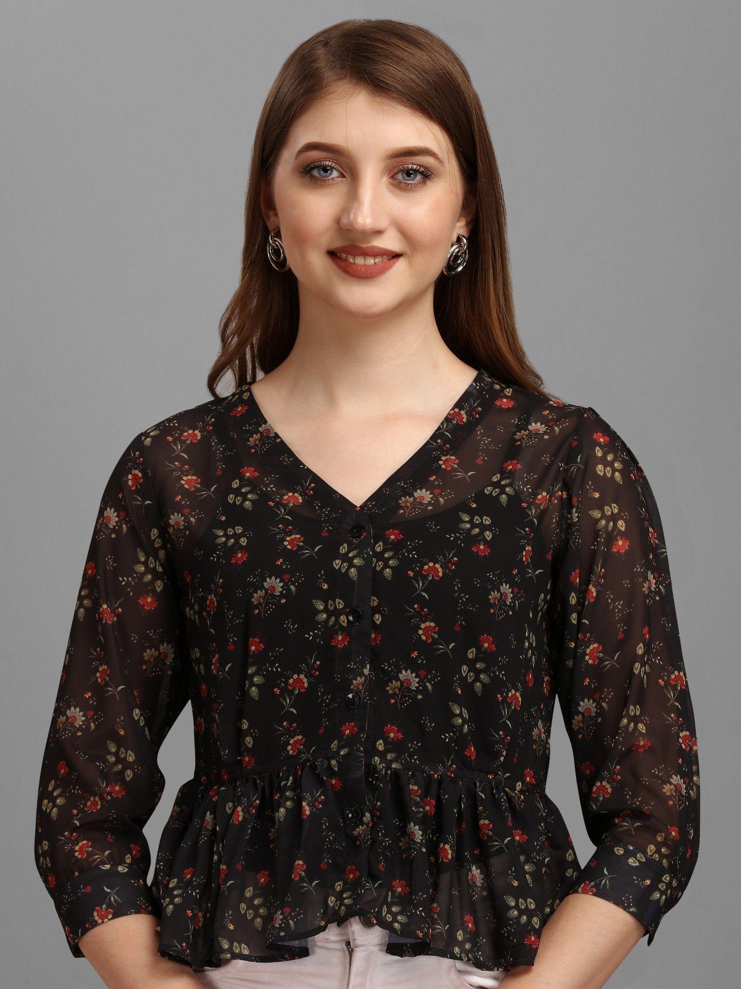 black red floral print georgette peplum top