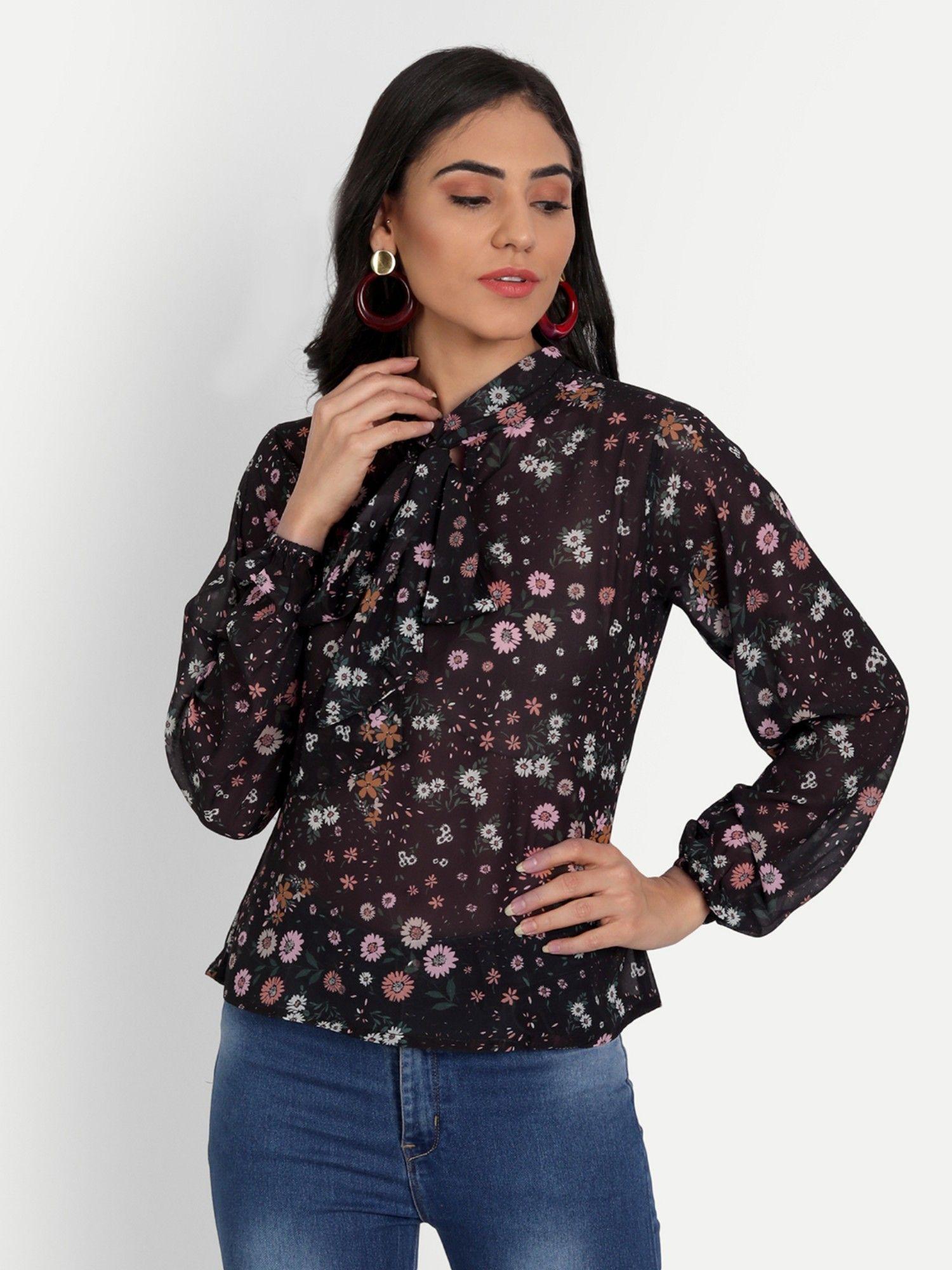 black red floral printed mandarin collar georgette shirt style top