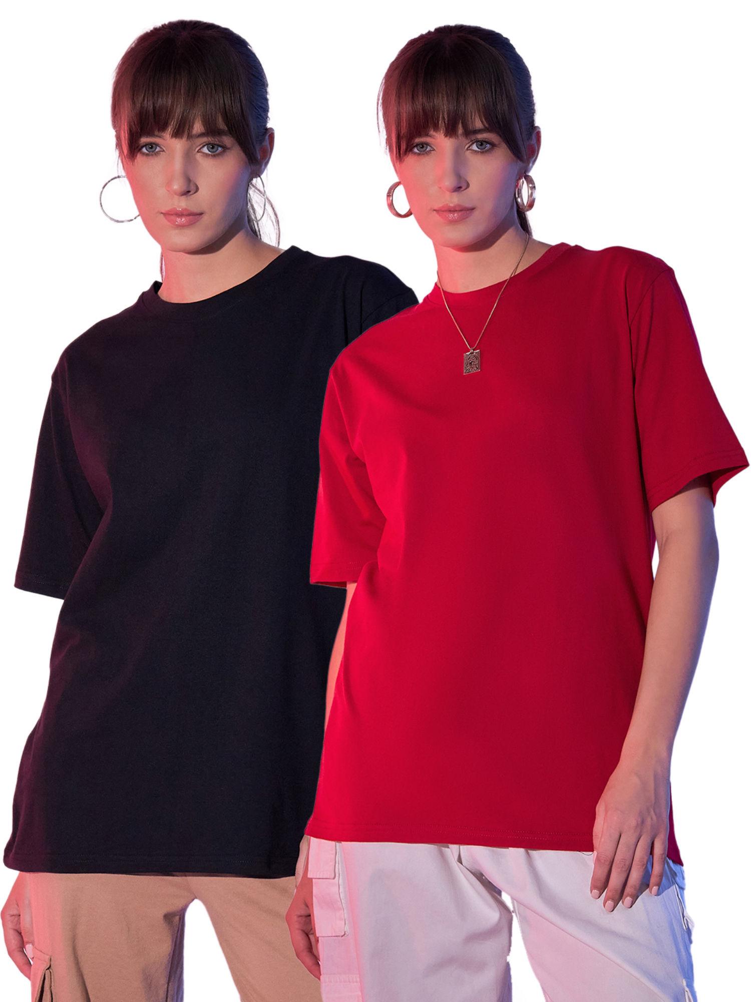 black red solid oversized women long t-shirt (pack of 2)