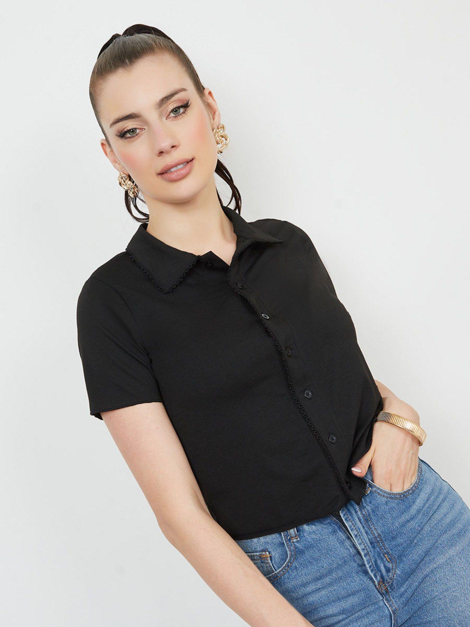 black regular fit lace trim crop shirt