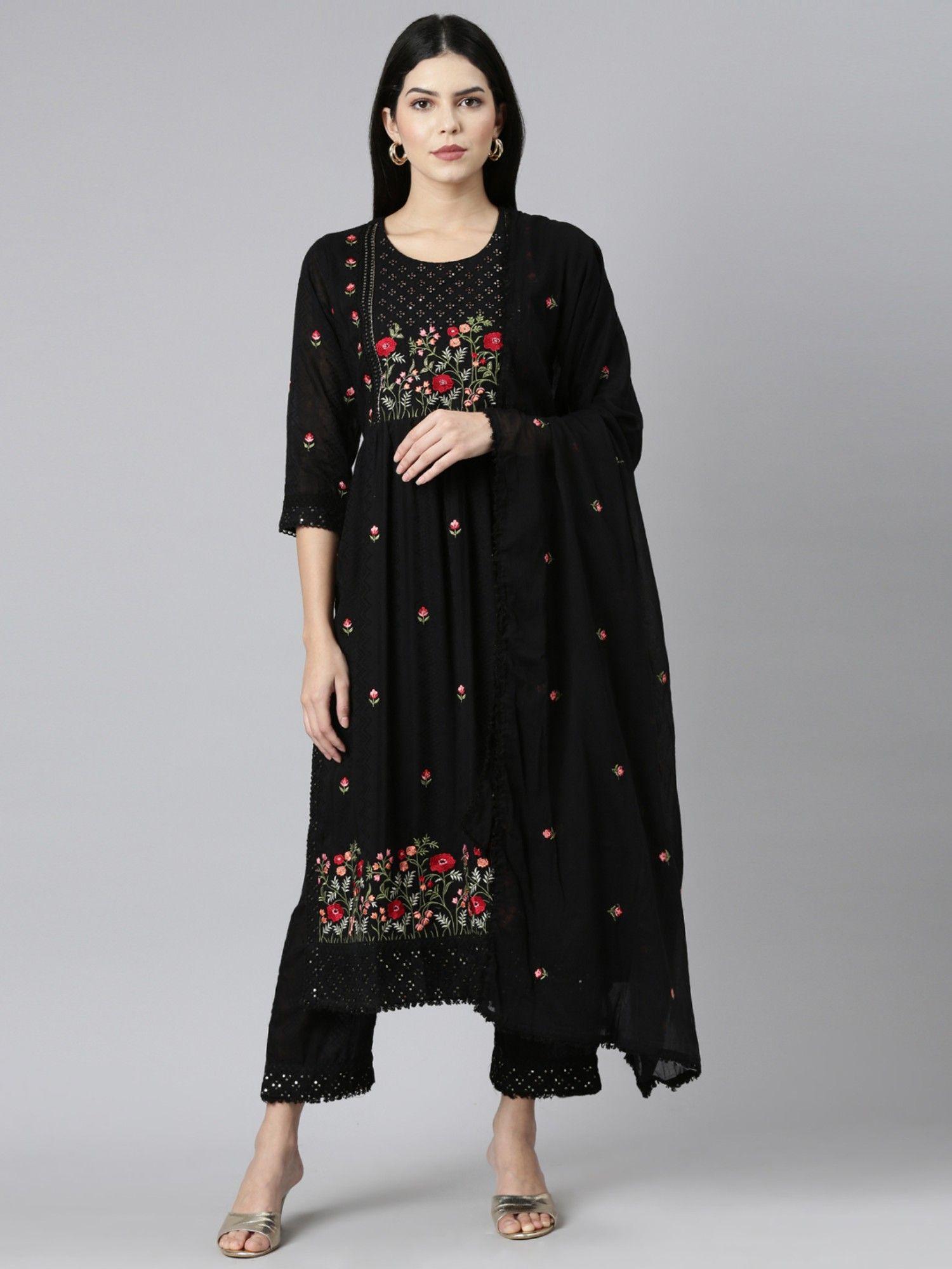 black regular straight embroidered kurta & trousers with dupatta (set of 3)