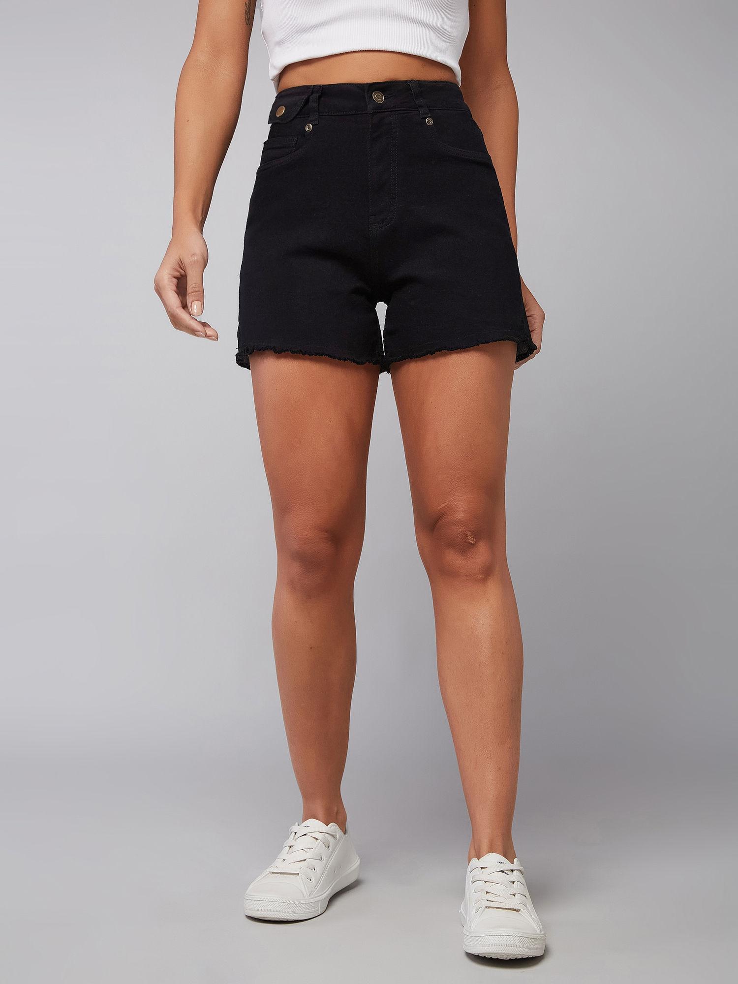 black relaxed fit high rise clean look stretchable denim shorts