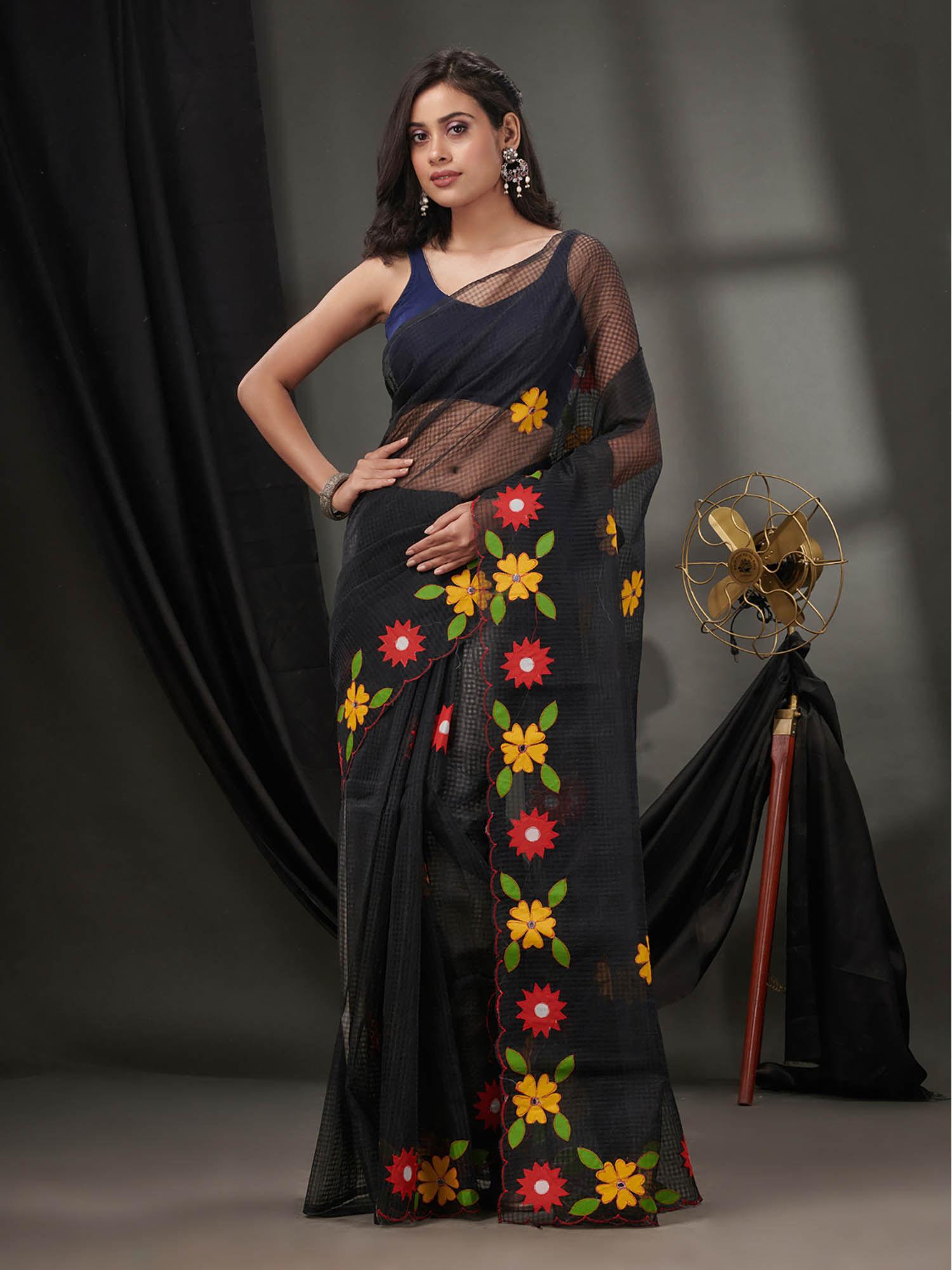 black resham kota handwoven saree without blouse & floral applique