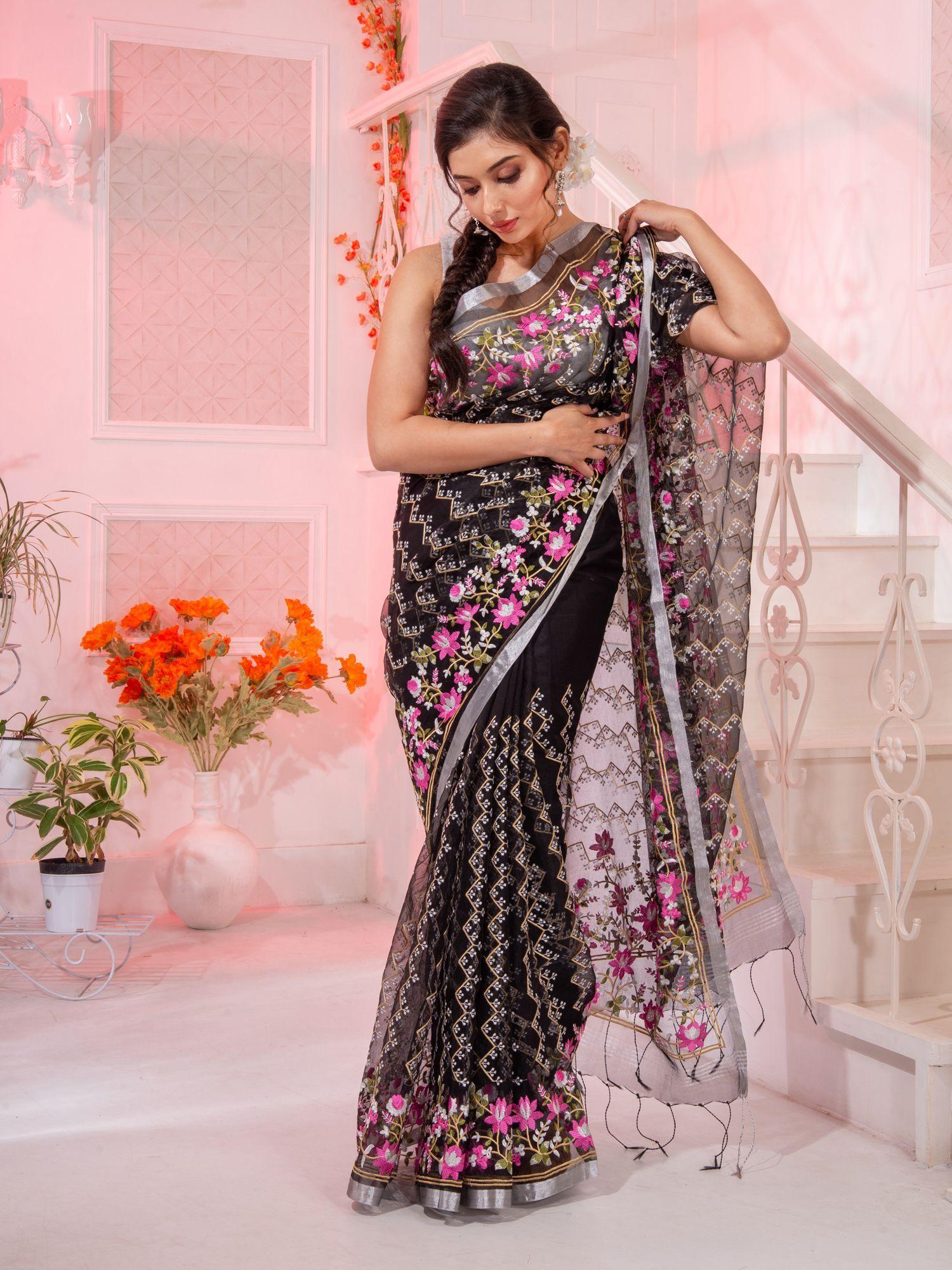 black resham silk handwoven soft saree with floral border with unstitched blouse