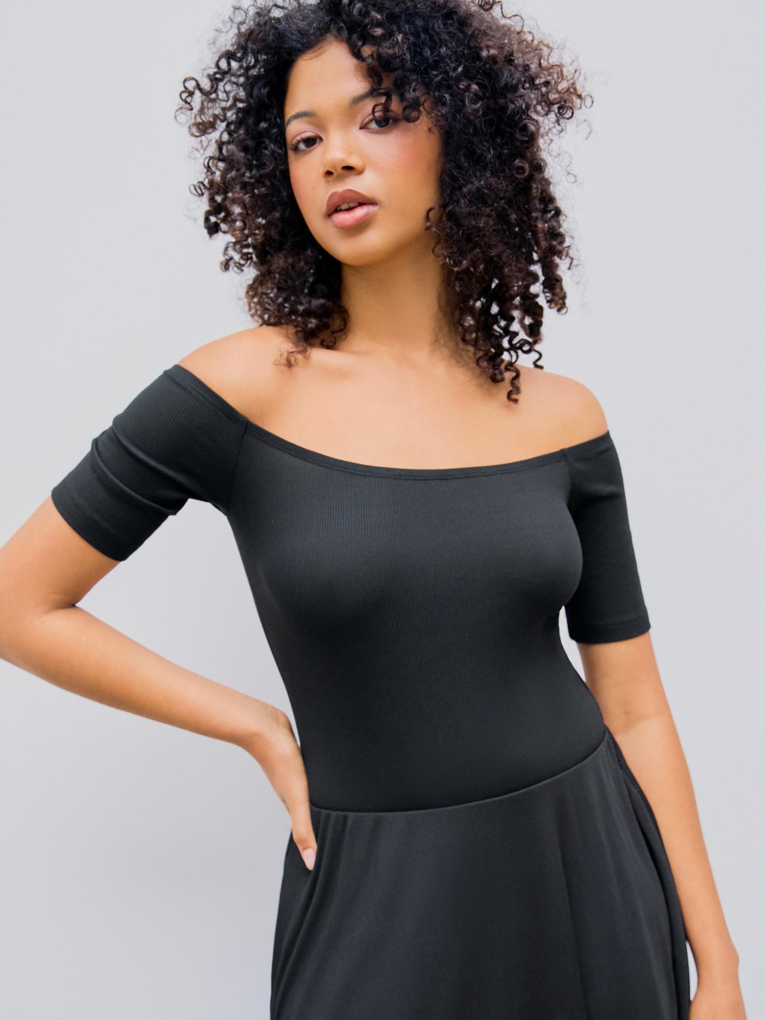 black rib off shoulder solid bodysuit