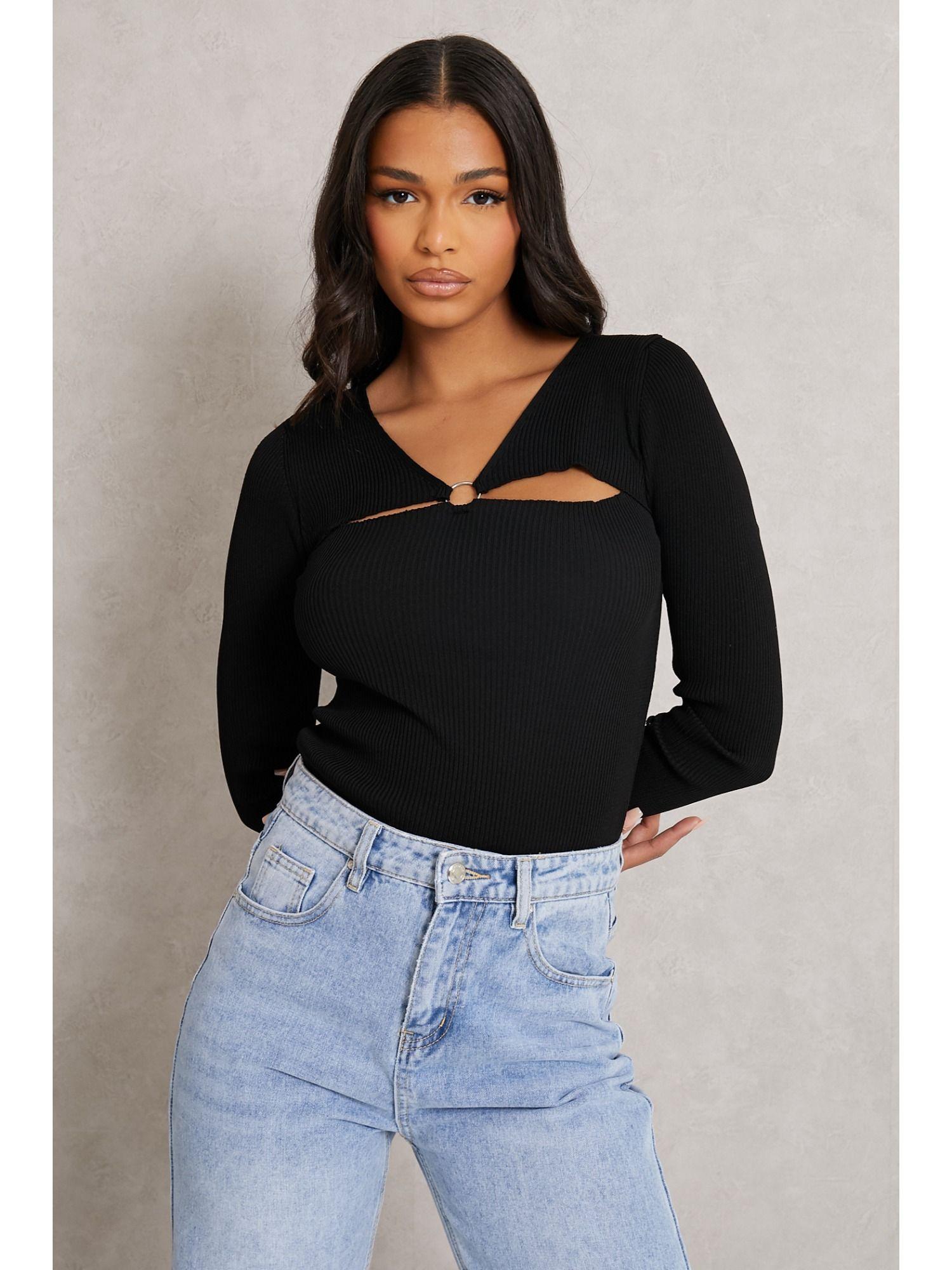 black ribbed knit ring detail long sleeve top