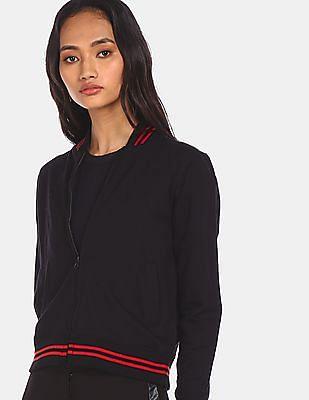 black ribbed stand collar solid sweatshirt