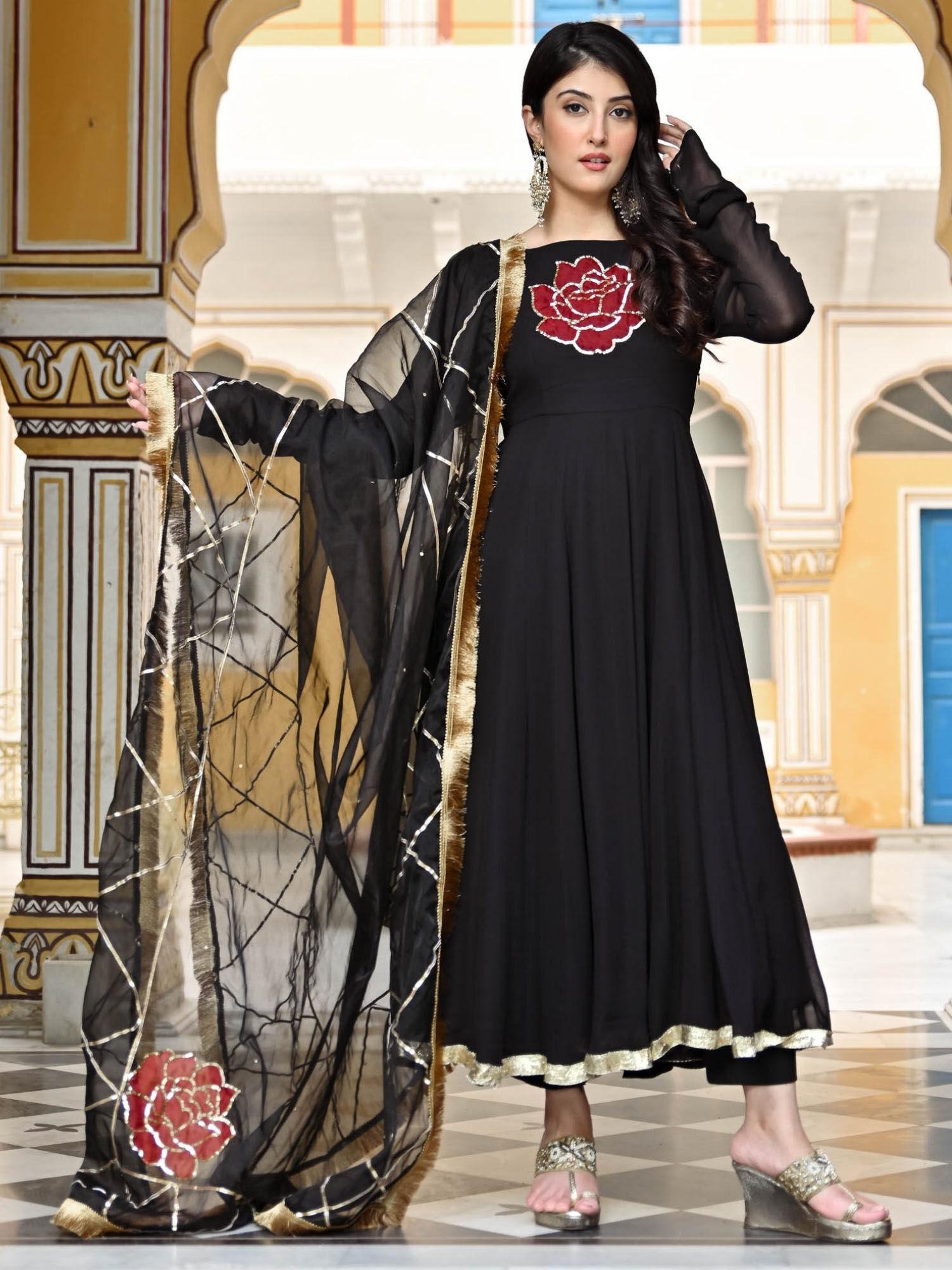 black rose anarkali kurta with pant & dupatta (set of 3)