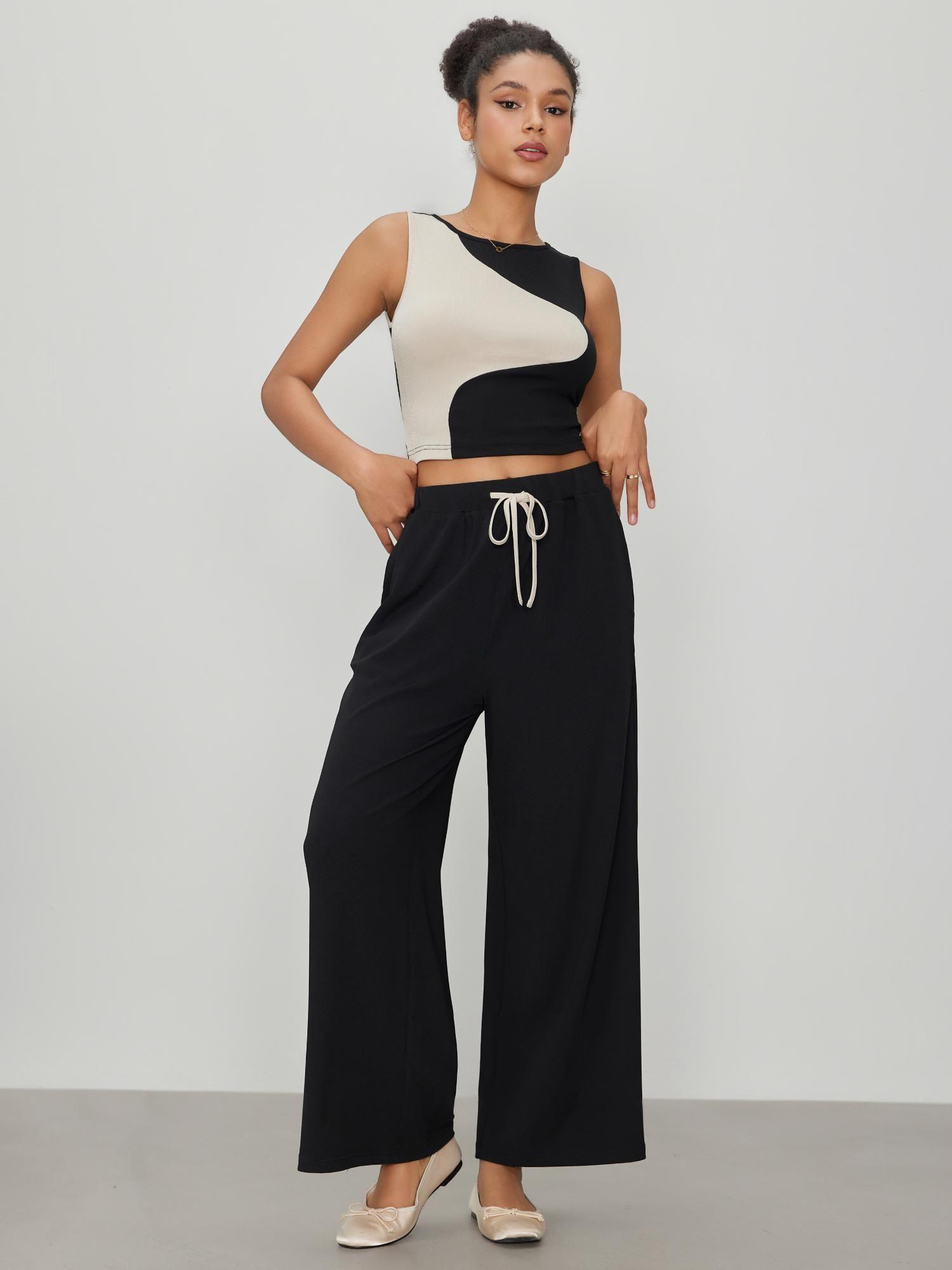 black round neck contrasting crop tank top and drawstring trouser (set of 2)