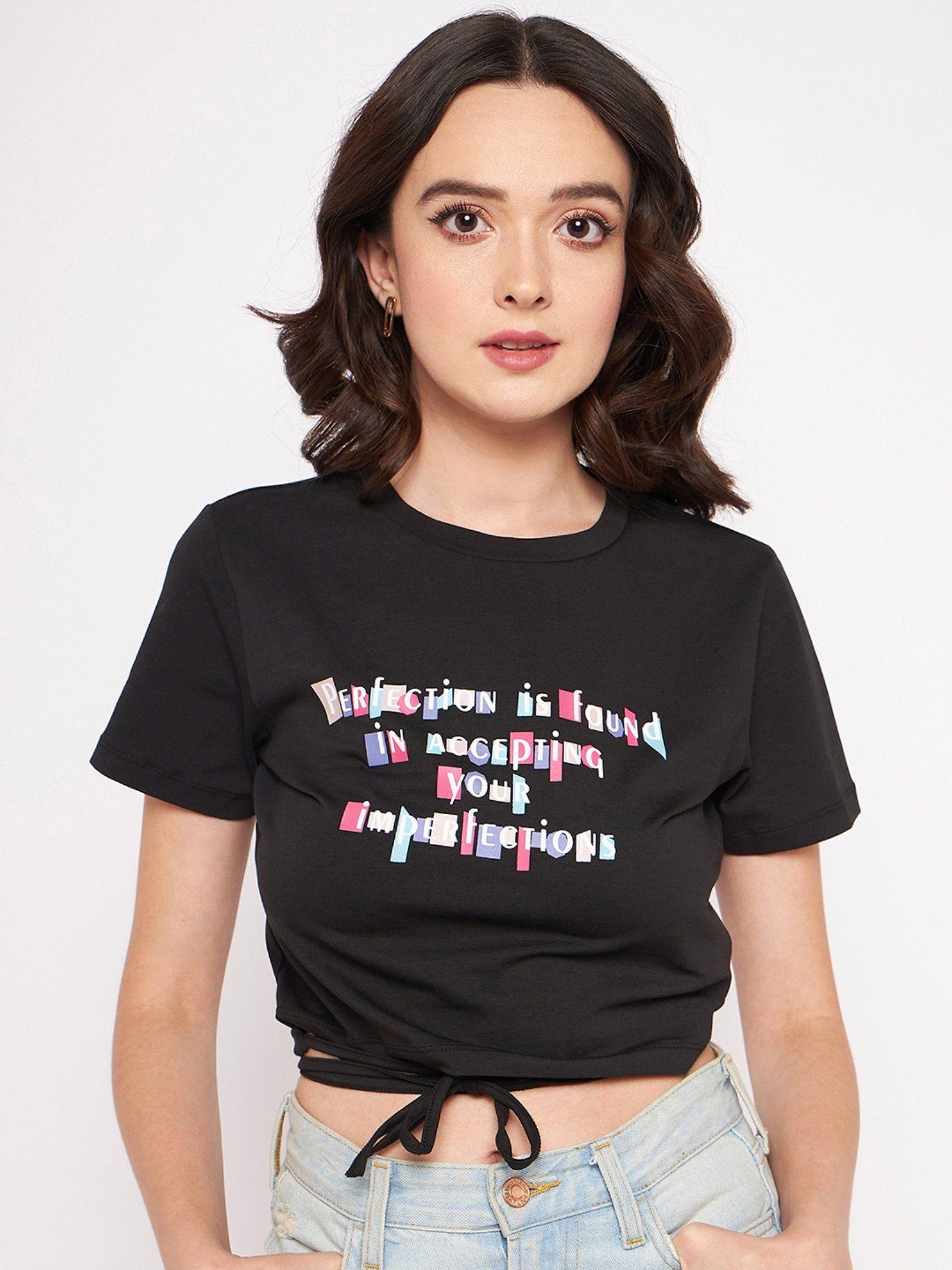 black round neck half sleeves crop tops