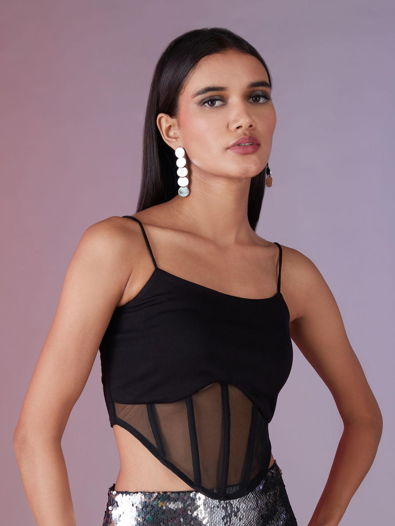 black round neck mesh detail crop top