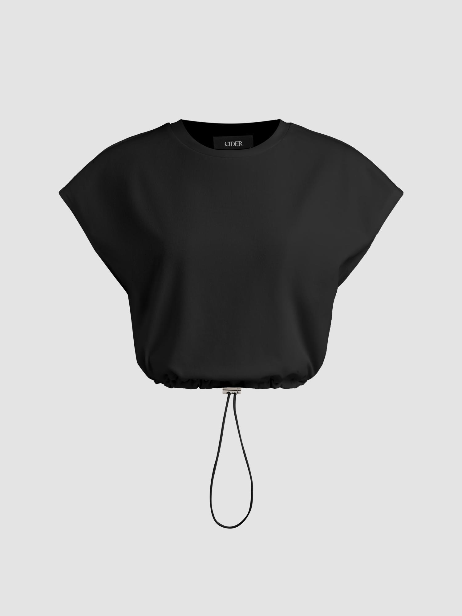 black round neck solid drawstring short sleeve crop tee