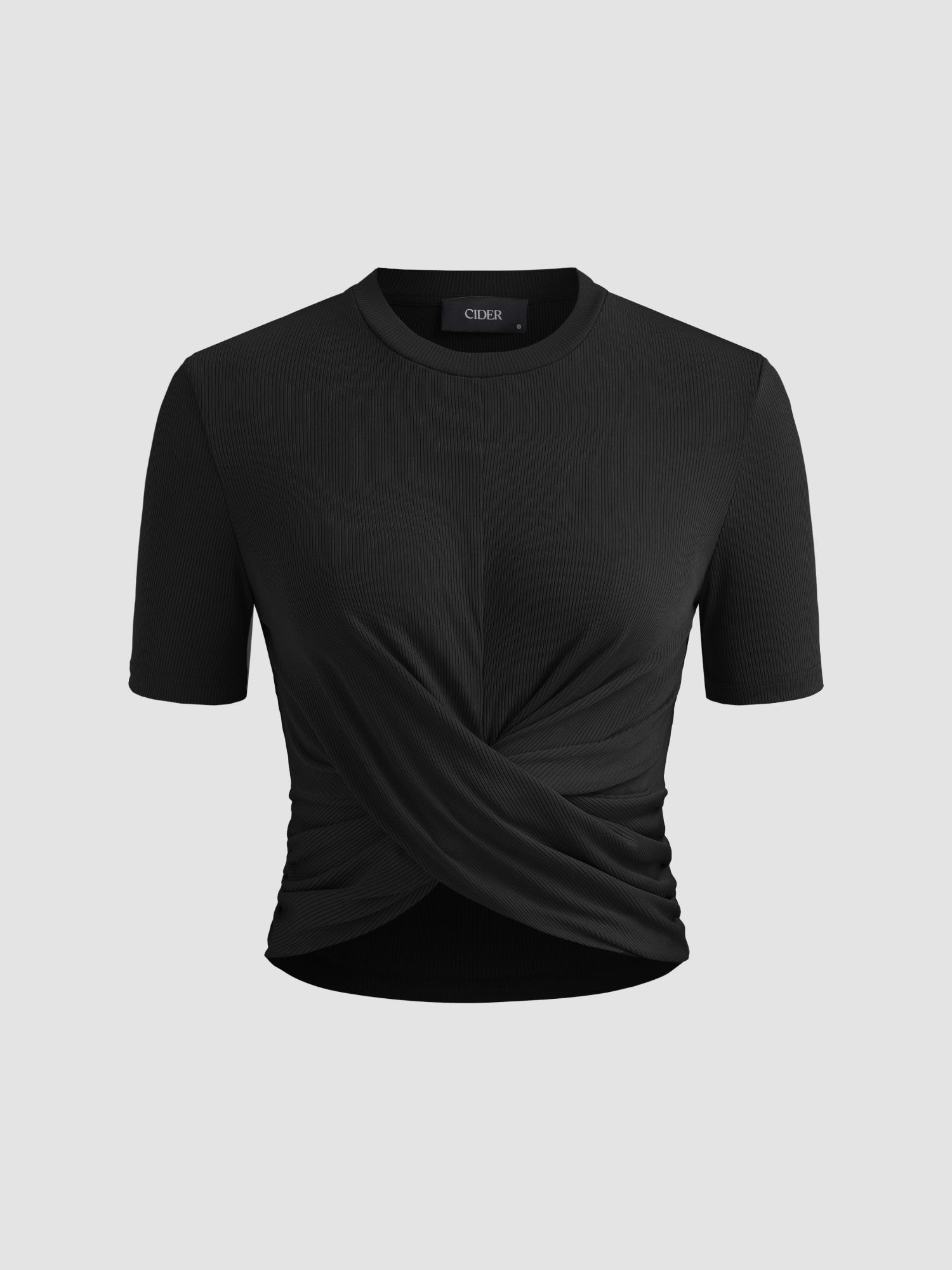 black round neck twist solid short sleeve tee