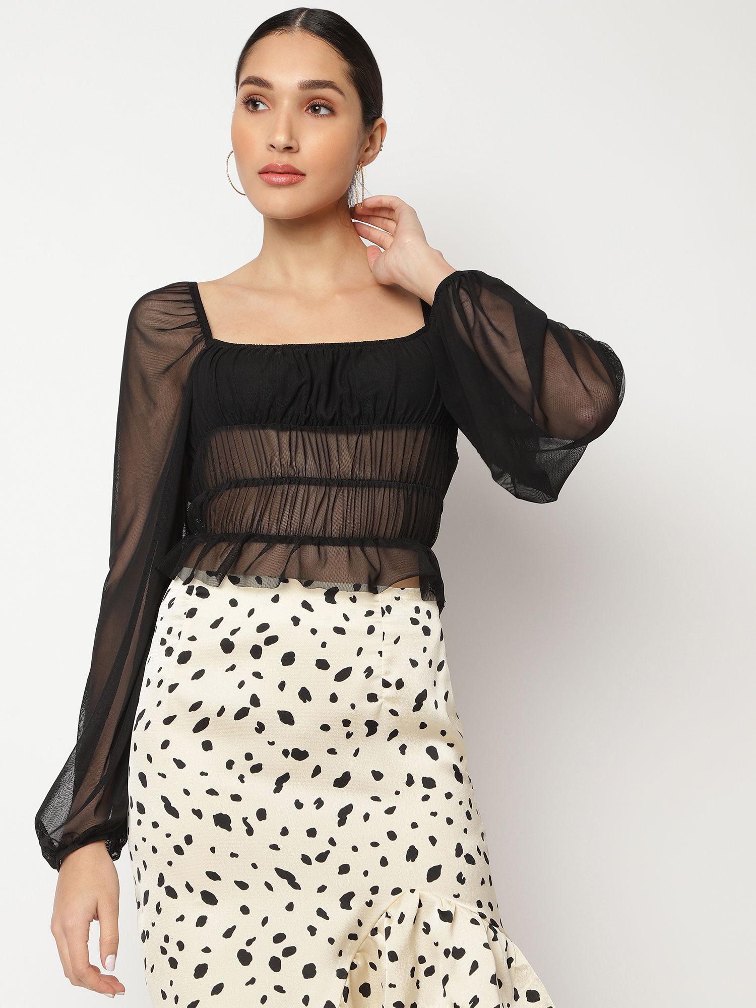 black ruched milkmaid long sleeve top