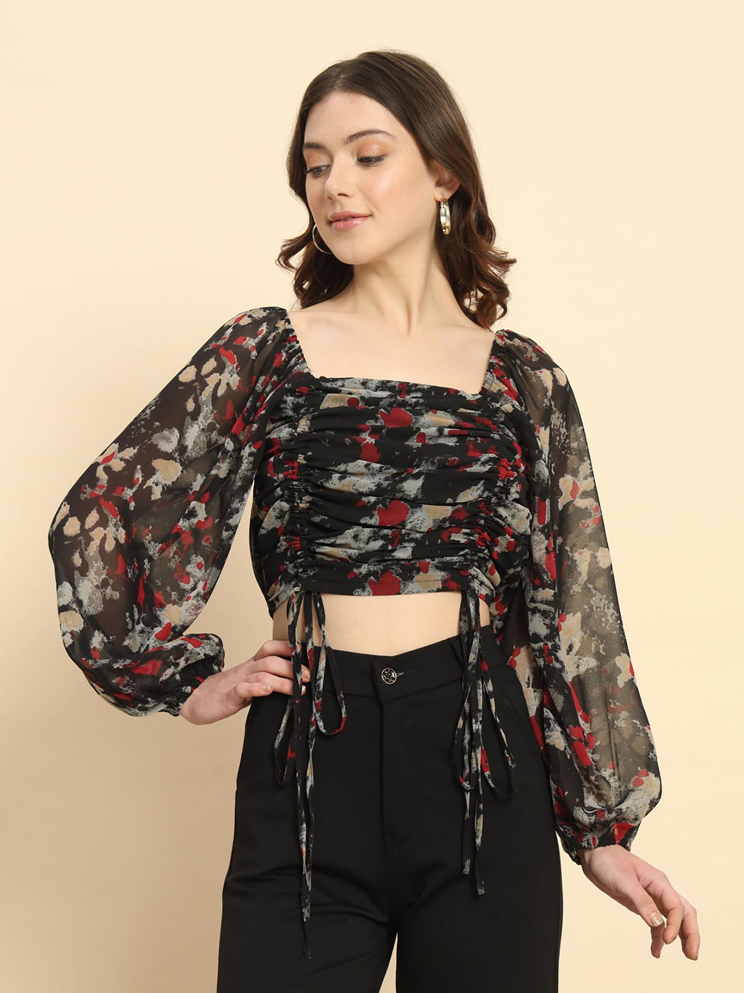 black ruched printed crop top