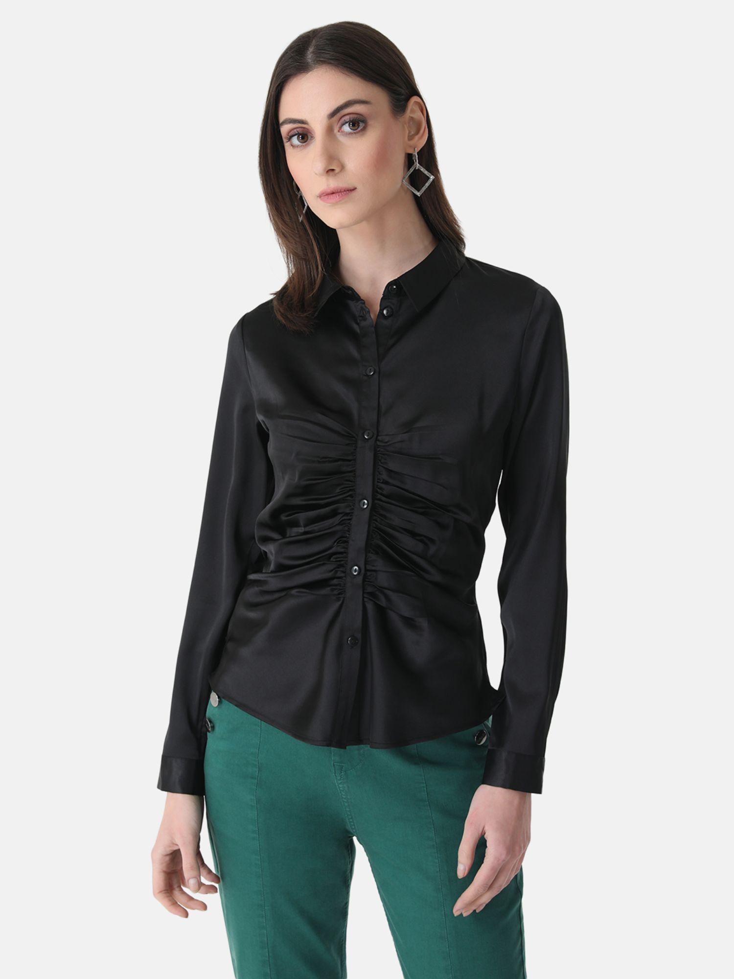 black ruched satin shirt