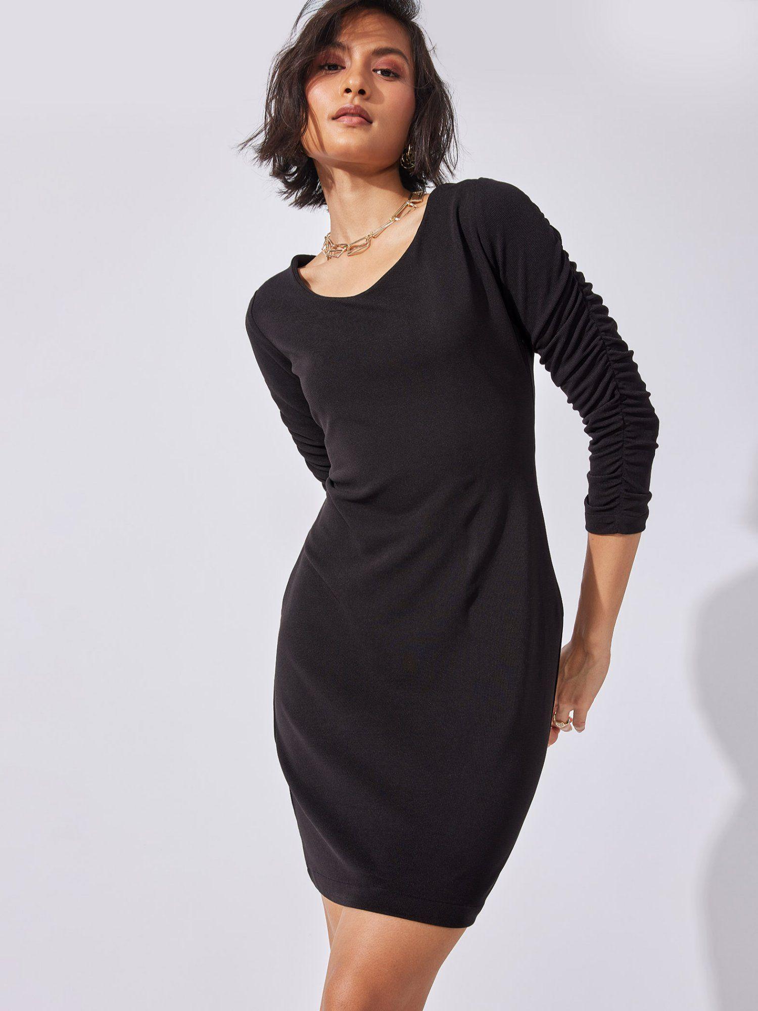 black ruched sleeve dress