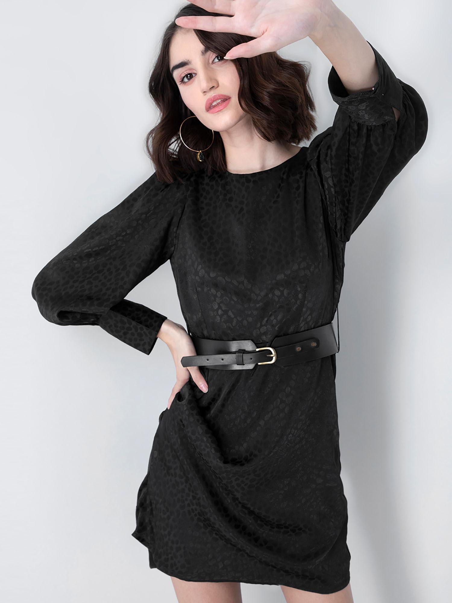 black ruched textured satin shift dress