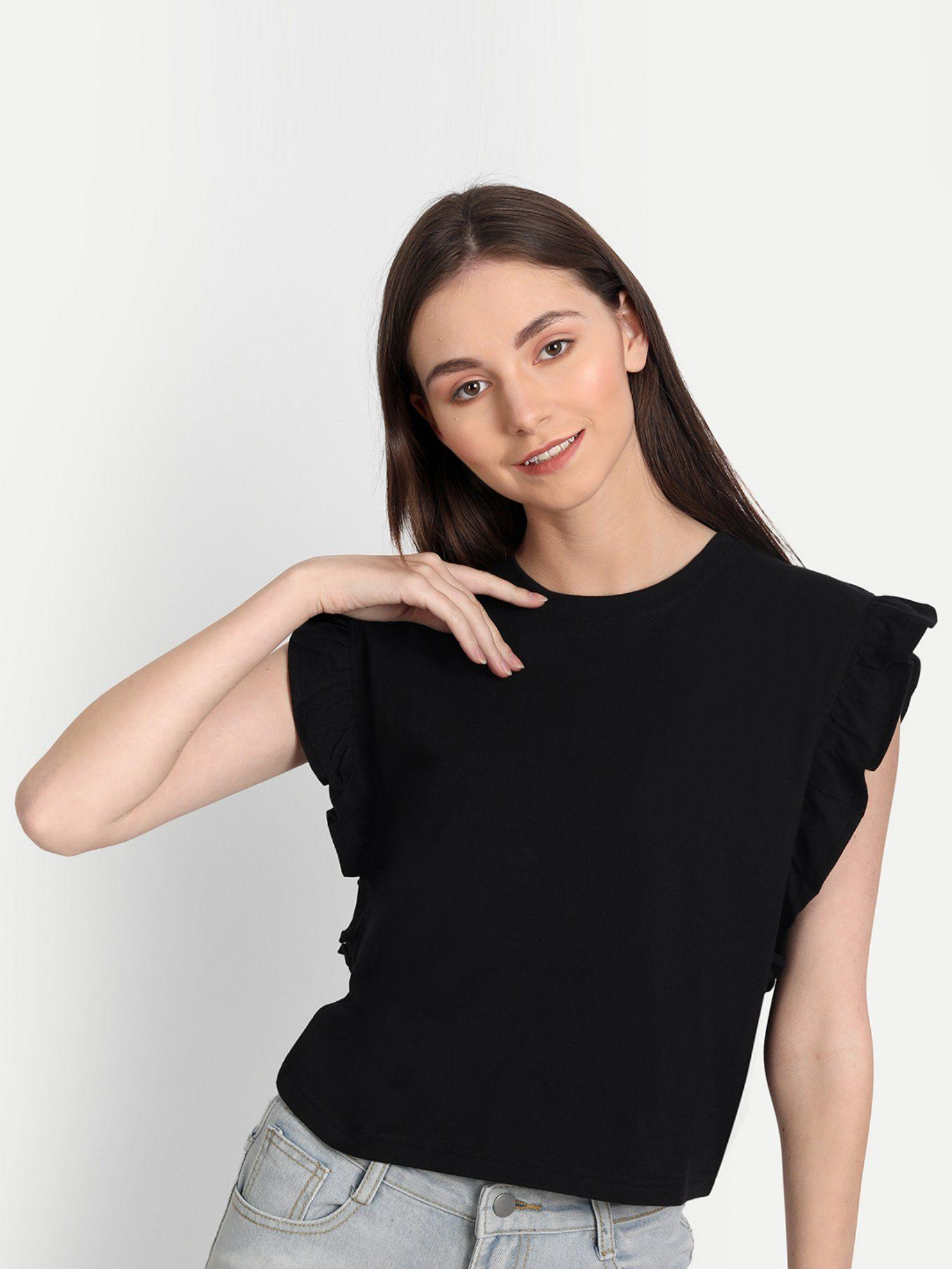 black ruffle cap sleeve top