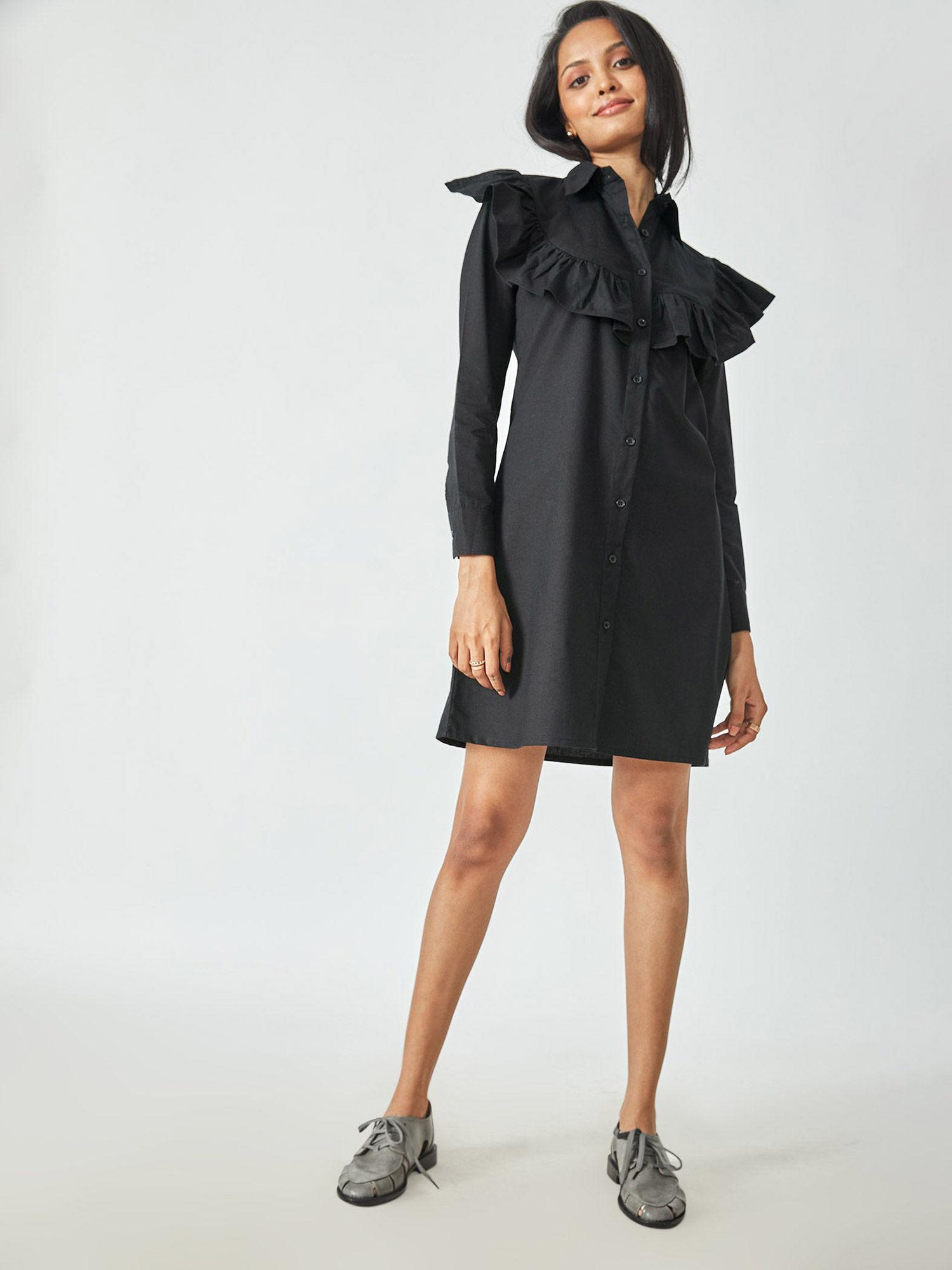 black ruffle overlay shirt dress