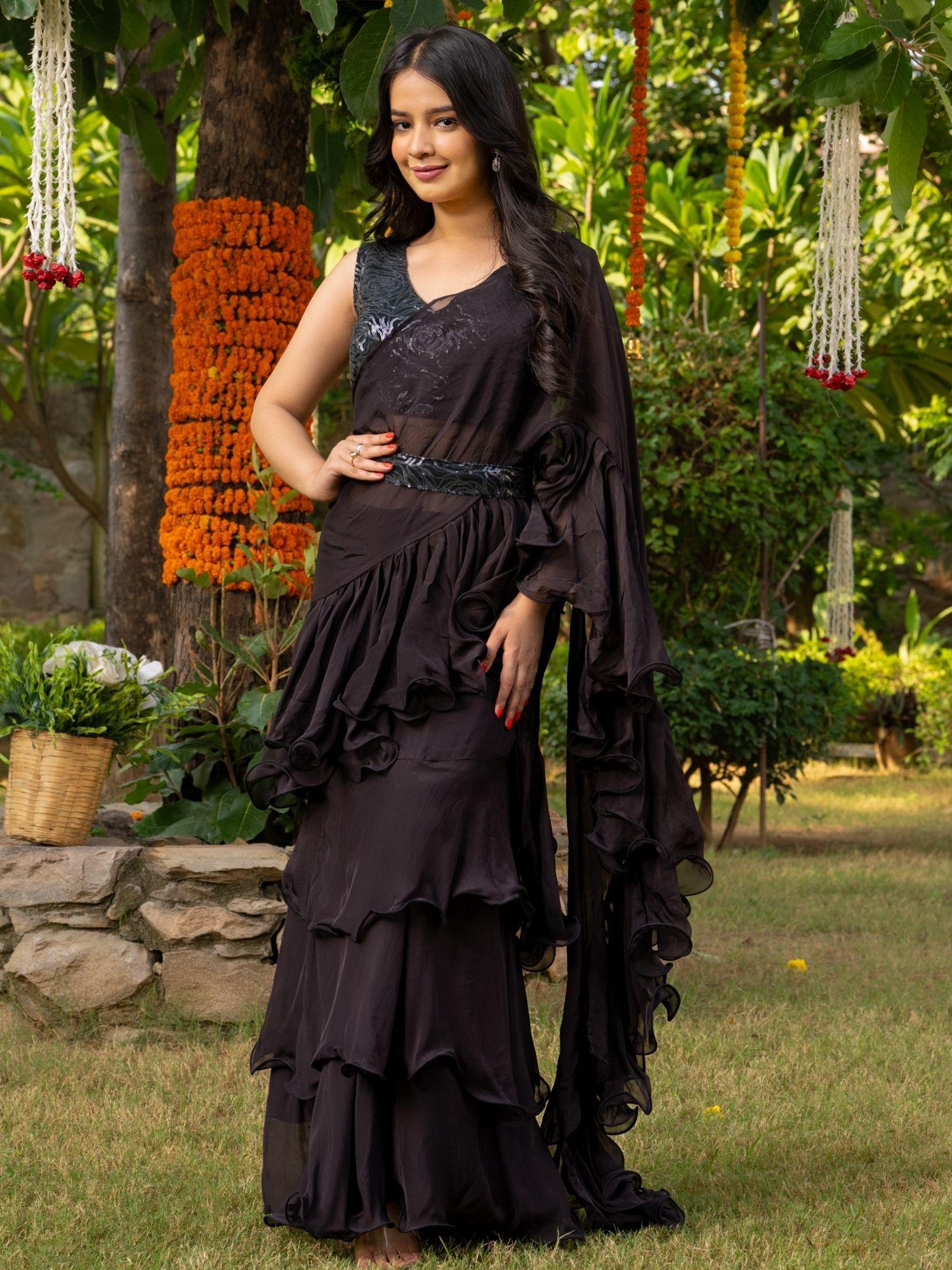 black ruffle saree with stitched blouse