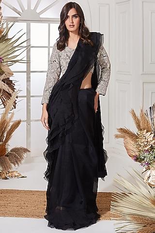 black ruffled draped saree set