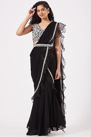 black ruffled saree set