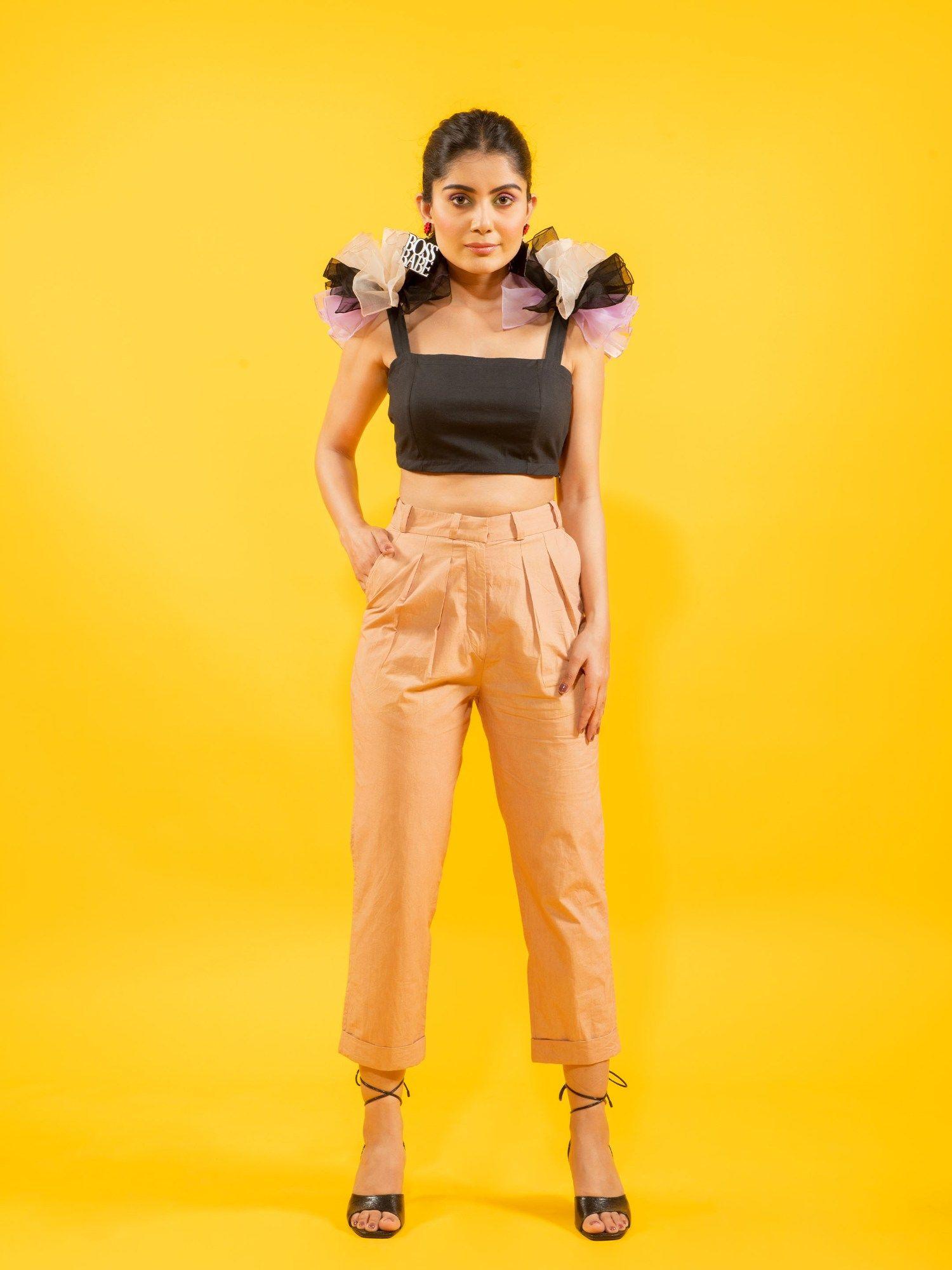 black ruffled shoulder crop top & tan trouser (set of 2)