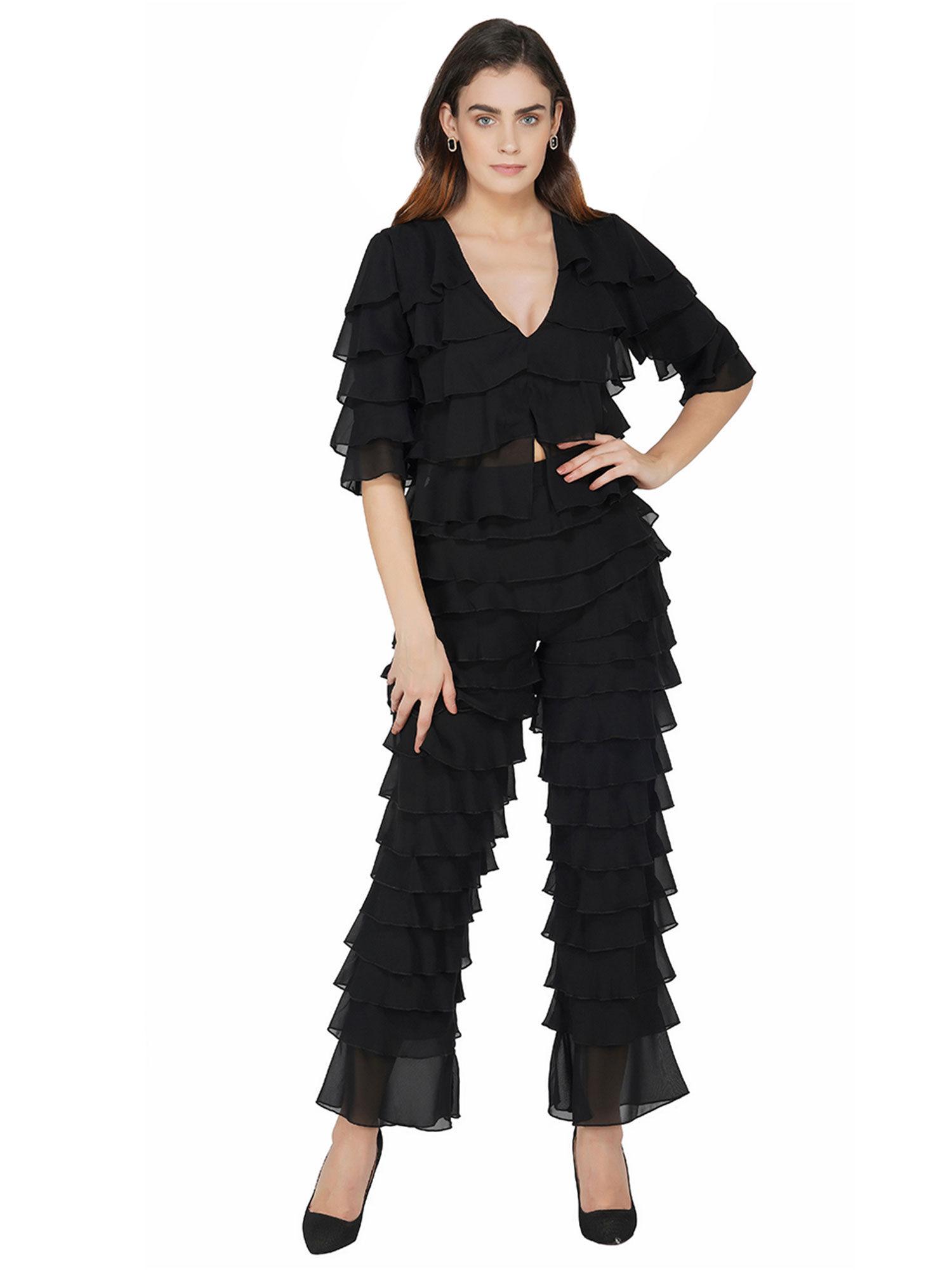 black ruffled straight legged pants