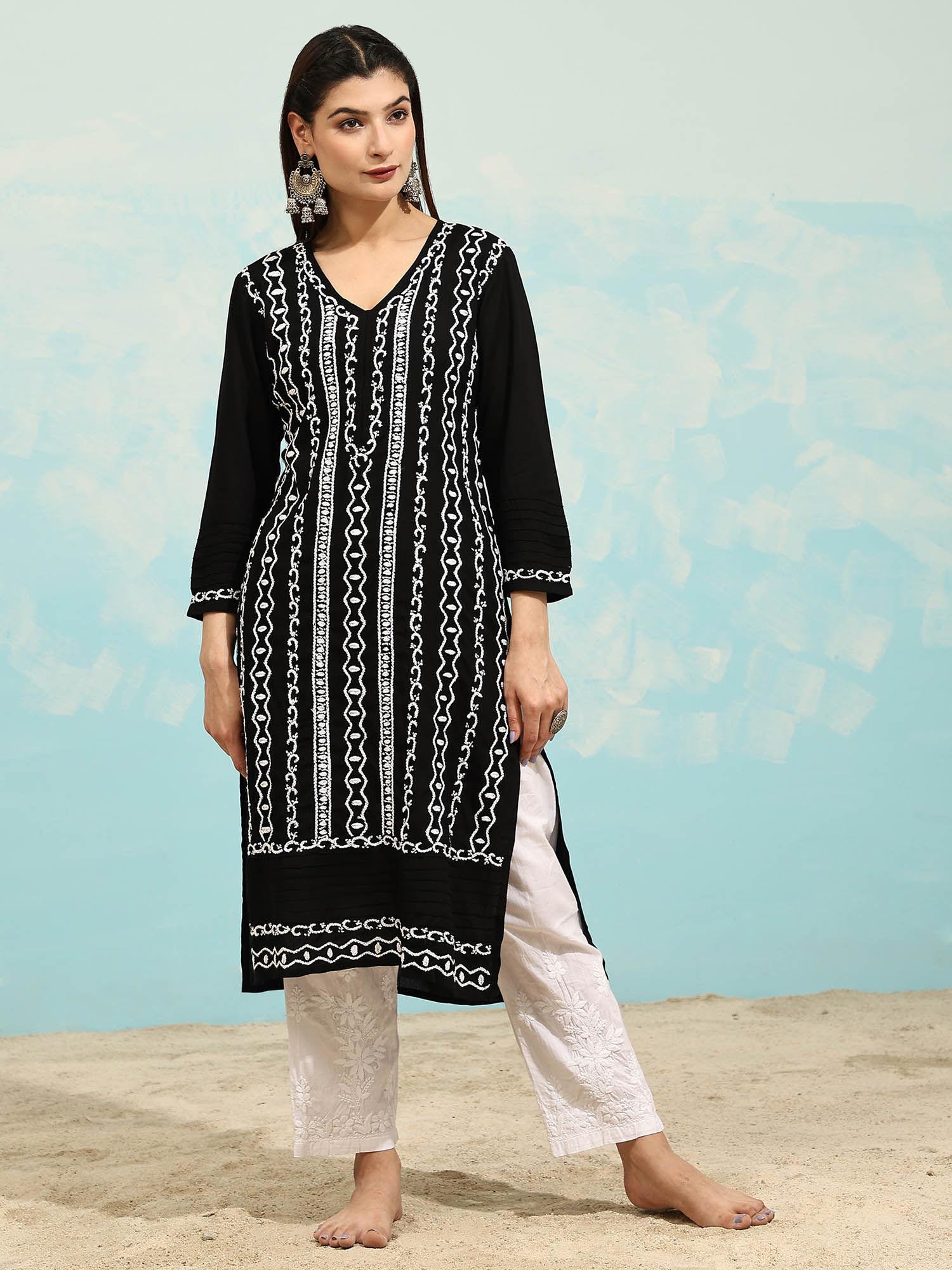 black samma chikankari long kurta in rayon cotton for women